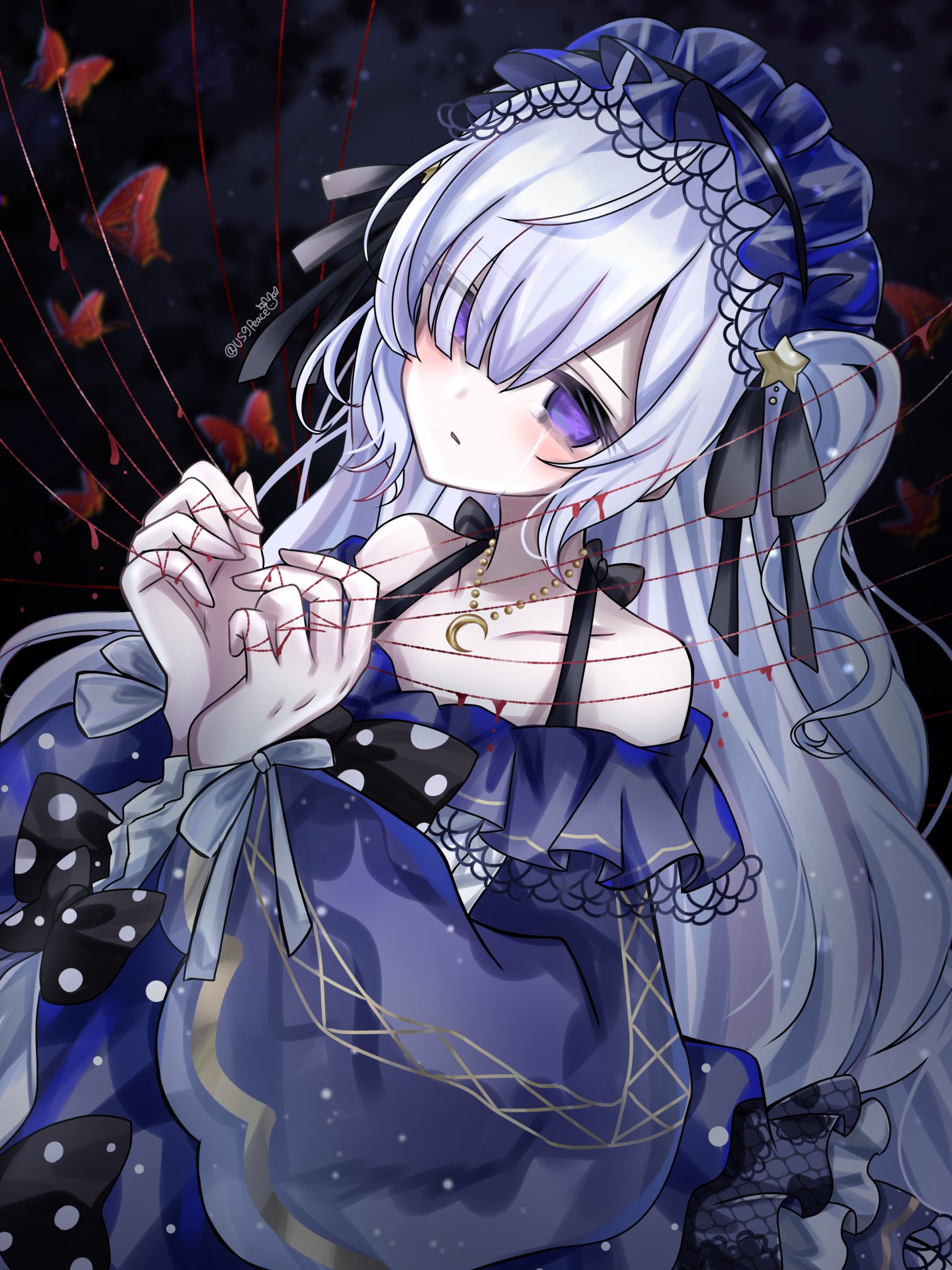 usgpeace, natsume an-an, mahou shoujo no majo saiban, commentary, highres, 1girl, black background, blood, blue dress, blue hairband, bug, butterfly, crescent, crescent necklace, crying, dress, empty eyes, frilled dress, frills, gothic lolita, hair over one eye, hairband, insect, jewelry, lolita fashion, lolita hairband, long hair, looking at viewer, magical girl, necklace, puppet strings, purple eyes, red butterfly, solo, streaming tears, tears, tied sleeves, very long hair, white hair