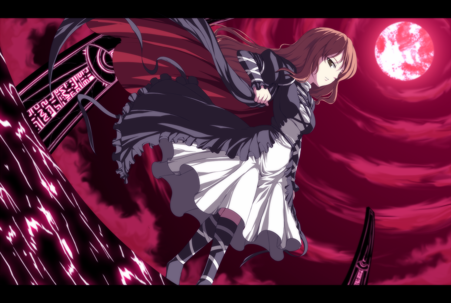 isa, hijiri byakuren, touhou, bad id, bad pixiv id, 1girl, blonde hair, cape, dress, female focus, letterboxed, long hair, moon, outdoors, red moon, sky, solo, yellow eyes