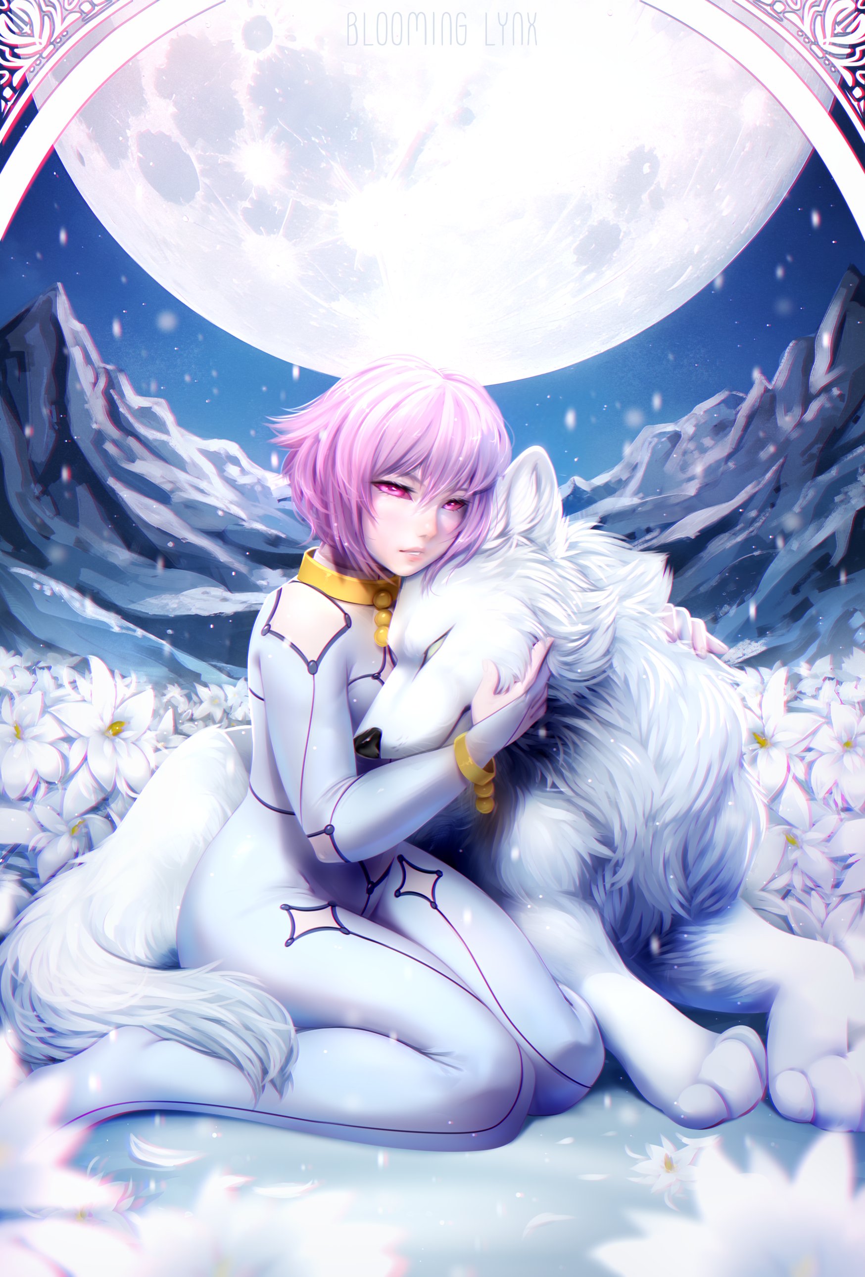 bloominglynx, cheza, kiba, wolf's rain, absurdres, commentary, english commentary, highres, 1girl, animal, animal hug, bodysuit, character name, closed mouth, flower, full moon, hug, moon, mountain, parted lips, purple hair, red eyes, short hair, white bodysuit, white flower, white wolf, wolf
