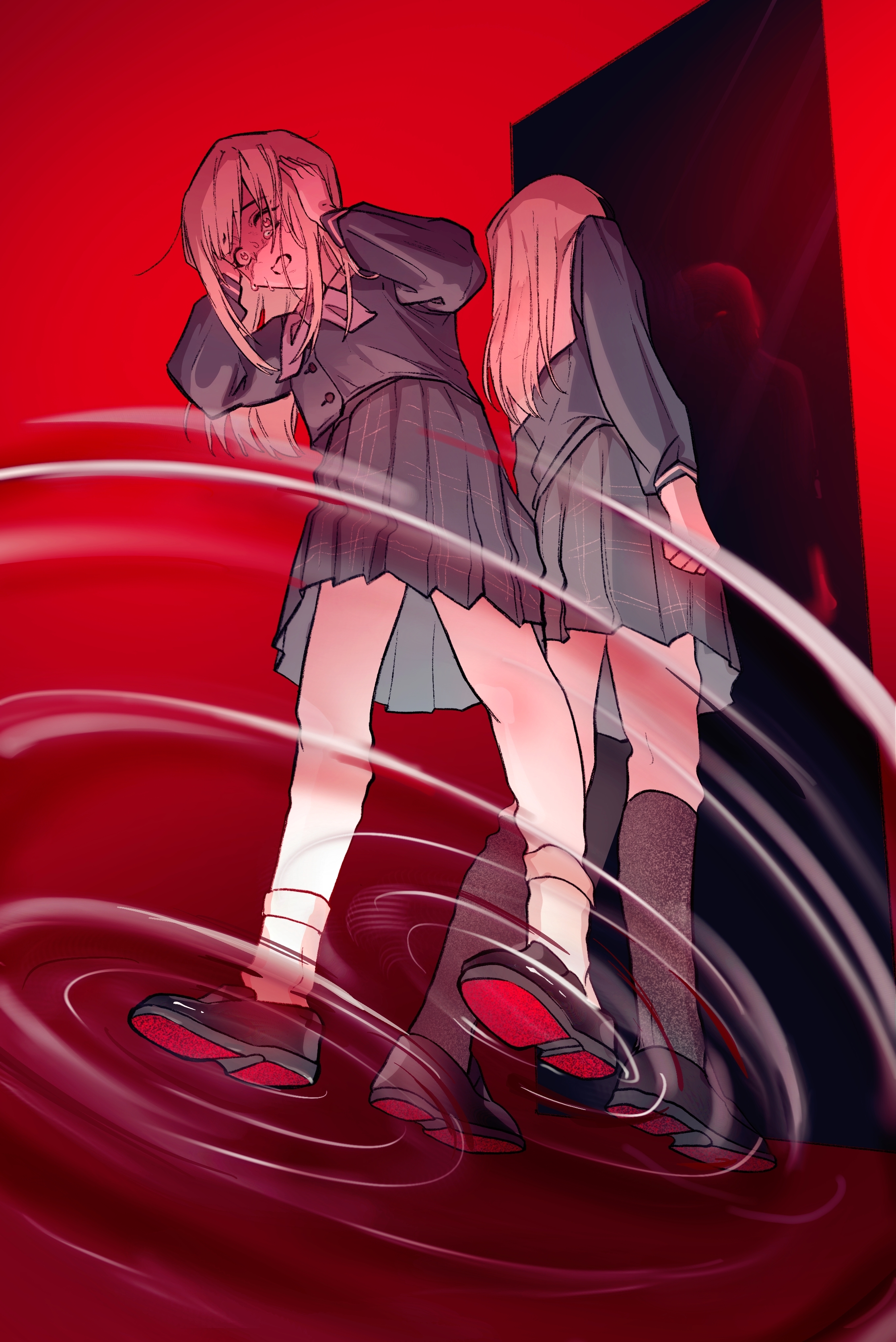 hero45439083942, bang dream!, bang dream! it's mygo!!!!!, original, absurdres, chinese commentary, commentary request, highres, 2girls, blue shirt, blue skirt, crying, crying with eyes open, from below, hands on own head, multiple girls, open mouth, pleated skirt, school uniform, shirt, siblings, sisters, skirt, standing, tears, tsukinomori school uniform, twins, wakaba ameha, wakaba wakaho, yellow eyes