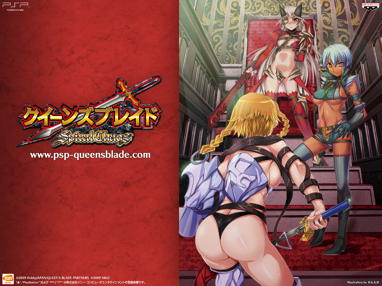 kantaka, aldra (queen's blade), exiled warrior leina, fang assassin irma, irma (queen's blade), leina (queen's blade), queen aldra, hobby japan, queen's blade, queen's blade lost worlds, queen's blade spiral chaos, official art, official wallpaper, 00s, 3girls, arm behind back, armor, ass, belt bra, blonde hair, blue hair, boots, braid, breastplate, breasts, buckle, chair, copyright name, crop top, dark-skinned female, dark skin, elbow gloves, eye contact, eyepatch, fighting stance, from behind, gauntlets, gloves, greaves, green hair, hair ornament, hand on own hip, high collar, horns, indoors, lace, large breasts, long hair, looking at another, microskirt, multiple girls, navel, panties, petticoat, pink eyes, red eyes, revealing clothes, shield, showgirl skirt, sideboob, skirt, small breasts, stairs, standing, sword, thigh boots, thighhighs, thong, throne, tiptoes, twin braids, underwear, very long hair, watermark, weapon, web address, white hair, yellow eyes