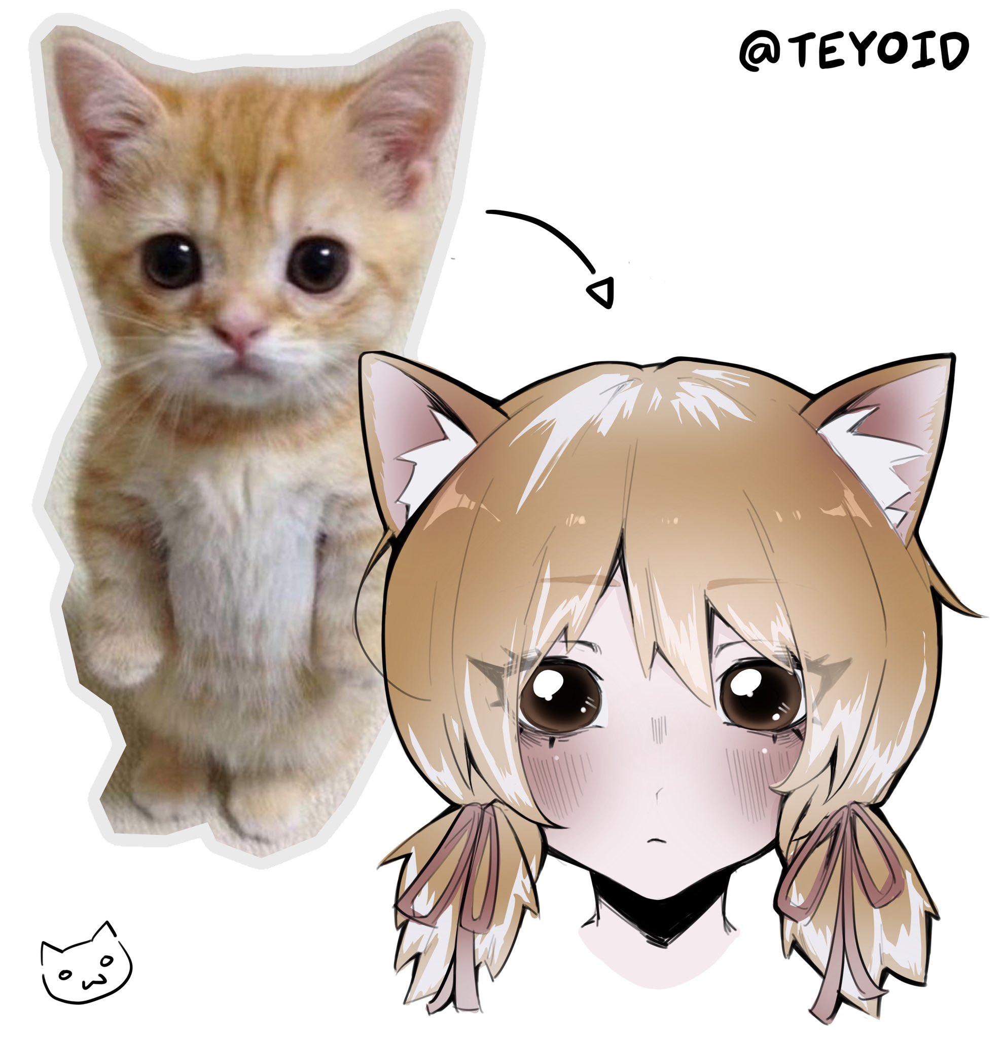 teyoid, original, commentary, highres, symbol-only commentary, 1girl, animal, animal ear fluff, animal ears, arrow (symbol), blush, brown eyes, brown hair, cat, cat ears, cat girl, closed mouth, cropped head, double-parted bangs, hair between eyes, hair ribbon, looking at viewer, low twintails, meme, meme request, personification, red ribbon, ribbon, short hair, short twintails, simple background, solo, straight-on, twintails, white background