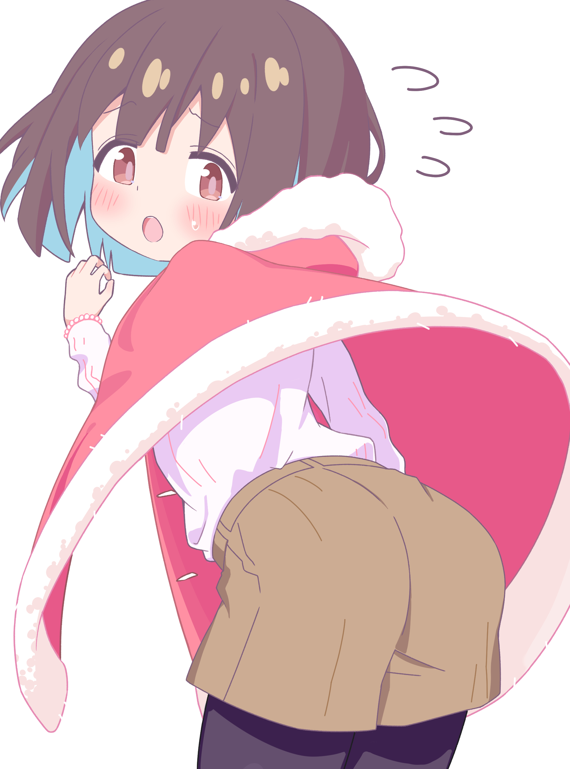 achat, hozuki momiji, oyama mahiro, onii-chan wa oshimai!, absurdres, commentary, highres, 1girl, :o, ass, black pantyhose, blue hair, blush, brown eyes, brown hair, brown shorts, colored inner hair, cosplay, cowboy shot, flying sweatdrops, from behind, fur-trimmed poncho, leaning forward, long sleeves, looking at viewer, looking back, multicolored hair, open mouth, oyama mahiro (cosplay), pantyhose, pantyhose under shorts, red poncho, shirt, short hair, short shorts, shorts, simple background, solo, two-tone hair, white background, white shirt