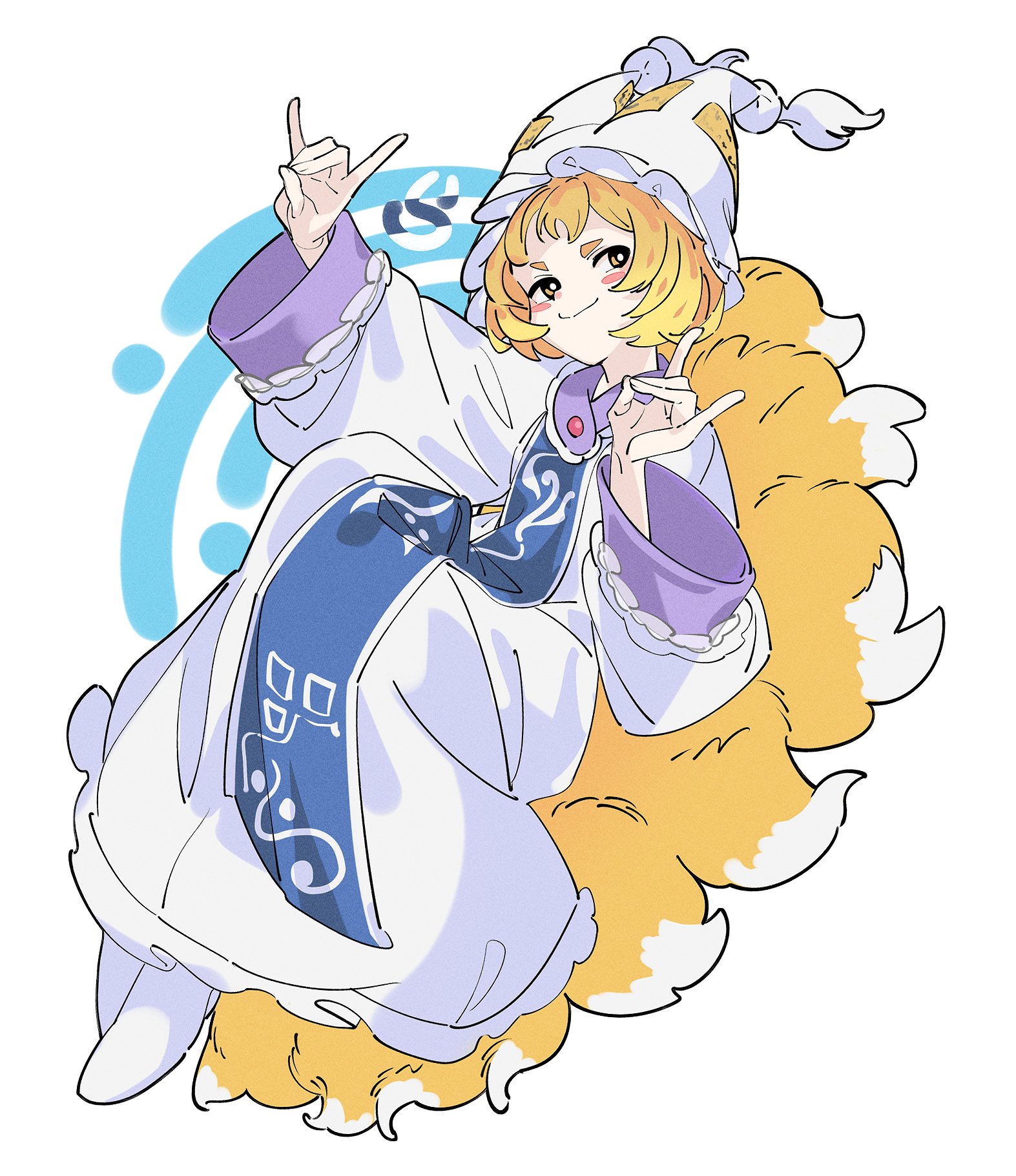 o (crazyoton46), yakumo ran, touhou, commentary, highres, 1girl, animal hat, arm up, blonde hair, blue tabard, closed mouth, double fox shadow puppet, dress, fox girl, fox shadow puppet, fox tail, full body, hand up, hat, kitsune, kyuubi, long dress, long sleeves, looking at viewer, mob cap, multiple tails, smile, solo, tabard, tail, white background, white dress, white hat, wide sleeves