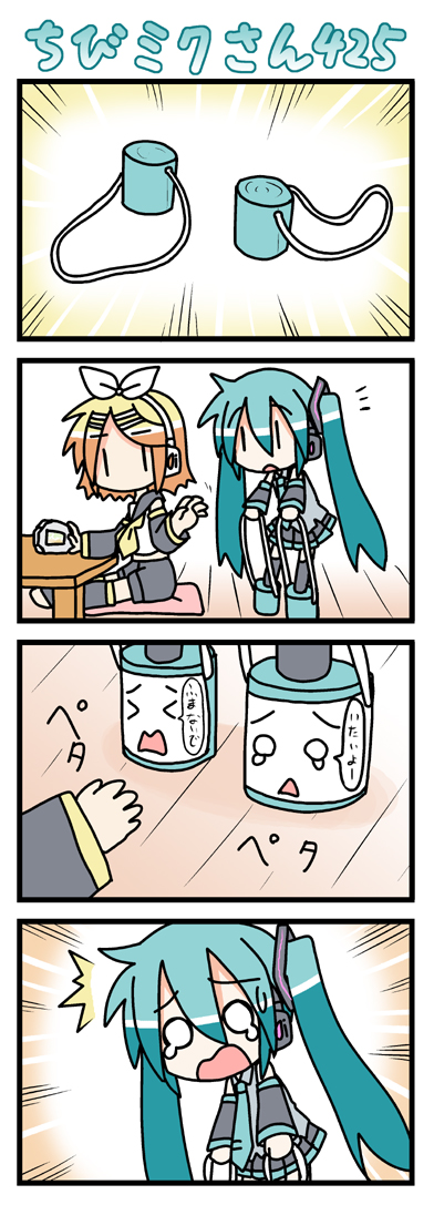minami (colorful palette), chibi miku, hatsune miku, kagamine rin, vocaloid, long image, tall image, translation request, > <, 2girls, 4koma, :<, ^^^, chibi, closed eyes, comic, handheld game console, multiple girls, o o, playstation portable, silent comic, stilts, surprised, tears, thighhighs, twintails, | |