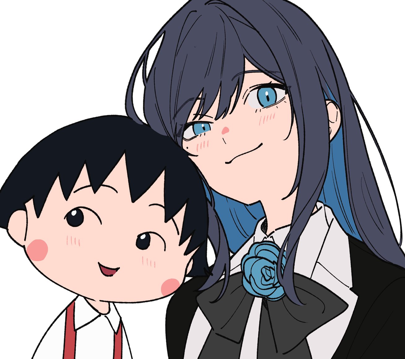 riseno, chando (ado), sakura momoko, ado (utaite), chibi maruko-chan, commentary request, 2girls, black bow, black bowtie, black hair, blue eyes, blue flower, blue hair, blue rose, blush, bow, bowtie, chandelier, collared shirt, colored inner hair, flower, long hair, multicolored hair, multiple girls, open mouth, rose, shirt, short hair, simple background, upper body, utaite, white background, white shirt