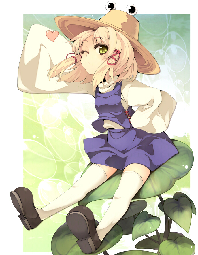 uruu gekka, moriya suwako, touhou, 1girl, blonde hair, female focus, flat chest, frog, hat, heart, lily pad, one eye closed, short hair, solo, thighhighs, wink, yellow eyes