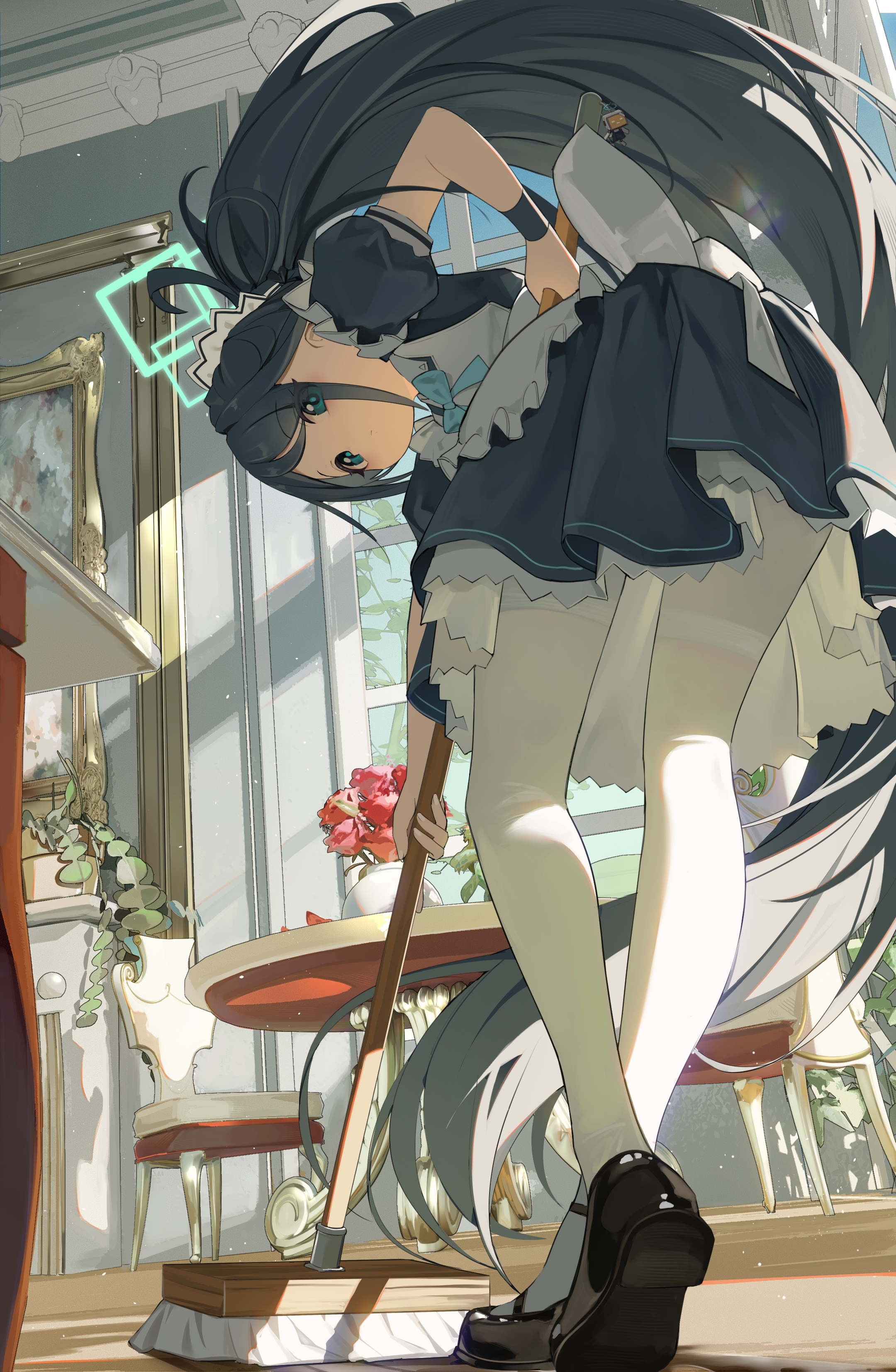 flong, aris (blue archive), aris (maid) (blue archive), blue archive, absurdres, chinese commentary, commentary request, highres, 1girl, absurdly long hair, aqua bow, aqua bowtie, aqua halo, bent over, black shoes, blue eyes, bow, bowtie, chair, eyes visible through hair, flower, from below, halo, high ponytail, holding, holding mop, indoors, long hair, maid, maid headdress, mop, painting (object), petals, plant, ponytail, potted plant, rectangular halo, red flower, red petals, red rose, rose, rose petals, shoes, solo, table, thighhighs, very long hair, white thighhighs, window, wooden floor