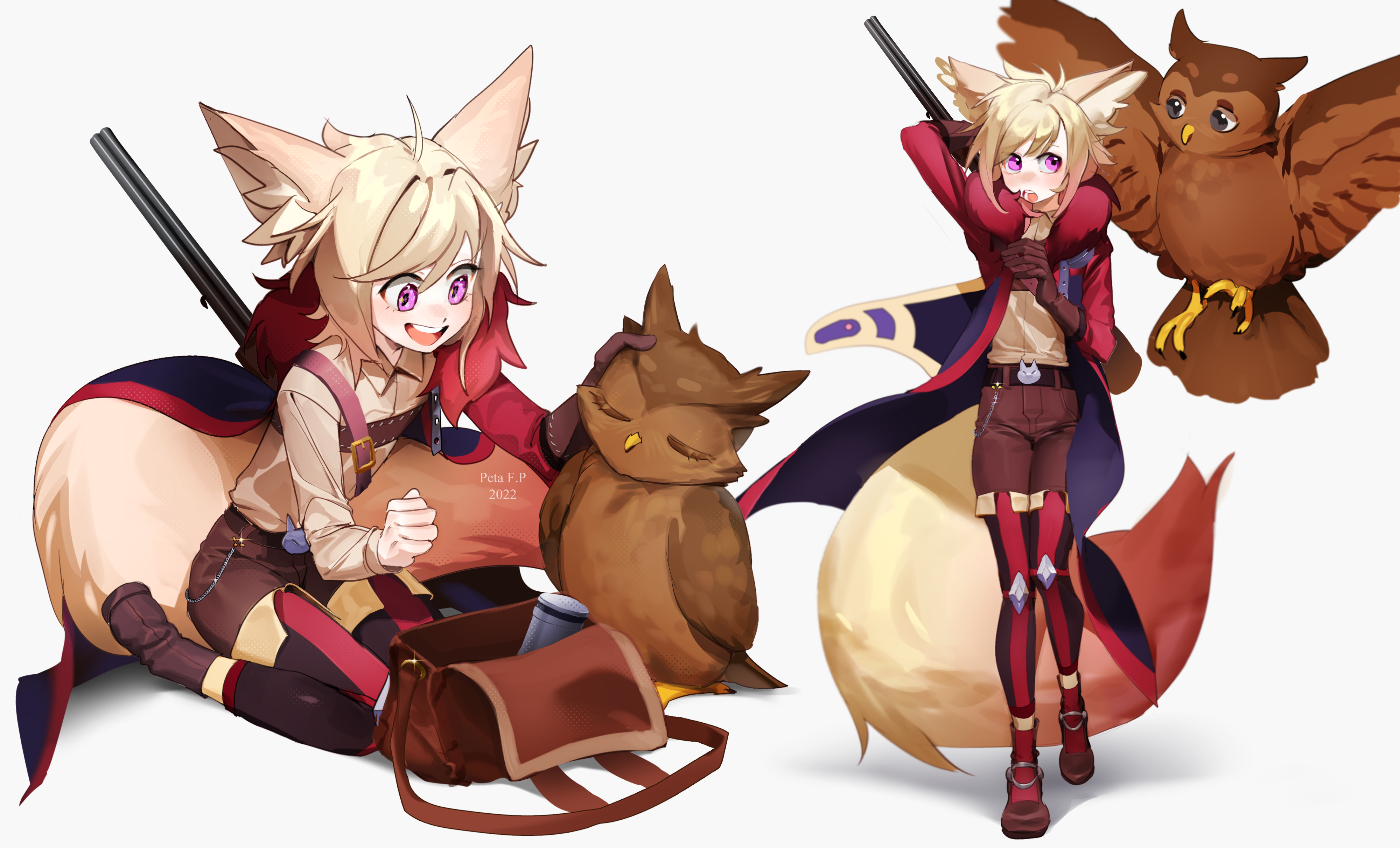 pita-potato, absurdres, commentary, commission, english commentary, highres, 1boy, :d, :o, animal, animal ears, arm up, artist name, bag, belt, bird, black belt, black pants, blonde hair, brown gloves, brown shirt, brown shoes, brown shorts, gloves, gun, jacket, long sleeves, multiple views, open mouth, owl, pants, pink eyes, red jacket, red pants, shirt, shoes, short hair, shorts, simple background, smile, tail, teeth, tongue, two-tone pants, weapon, white background