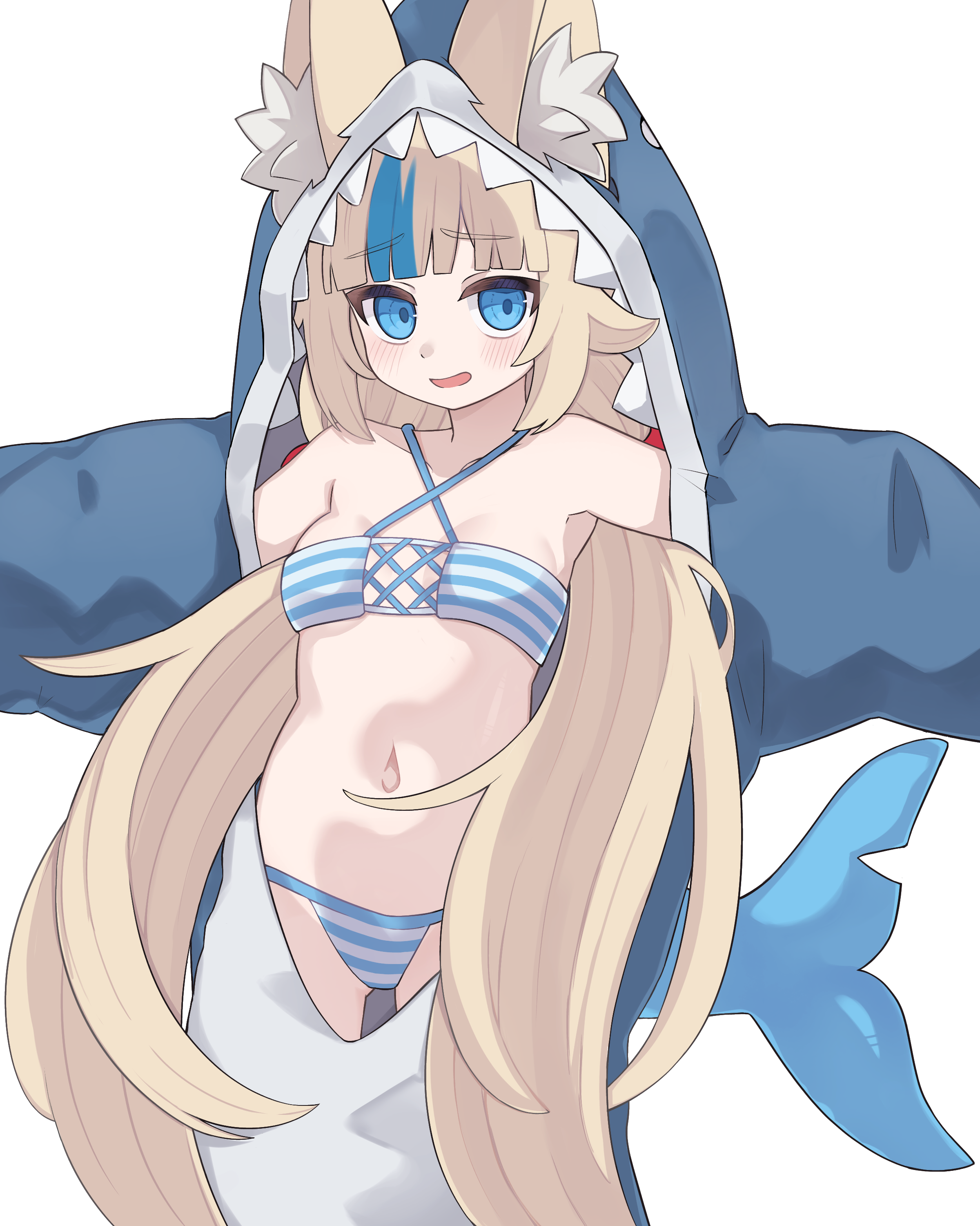 nekopurin (nyanko prin), sameko saba, indie virtual youtuber, absurdres, commentary, highres, 1girl, animal costume, animal ear fluff, animal ears, bare shoulders, bikini, bikini under clothes, blonde hair, blue eyes, blue hair, breasts, cat ears, cosplay, fins, fish tail, hood, hood up, kigurumi, light blush, long hair, low twintails, multicolored hair, navel, open mouth, shark costume, simple background, small breasts, solo, stomach, streaked hair, striped bikini, striped clothes, swimsuit, tail, twintails, two-tone hair, very long hair, virtual youtuber, white background