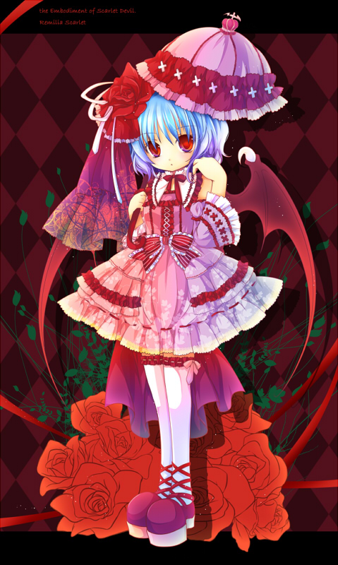 anna (small night), hane (x20285), remilia scarlet, touhou, 1girl, bat wings, blue hair, female focus, flower, lolita fashion, red eyes, rose, short hair, solo, thighhighs, umbrella, wings