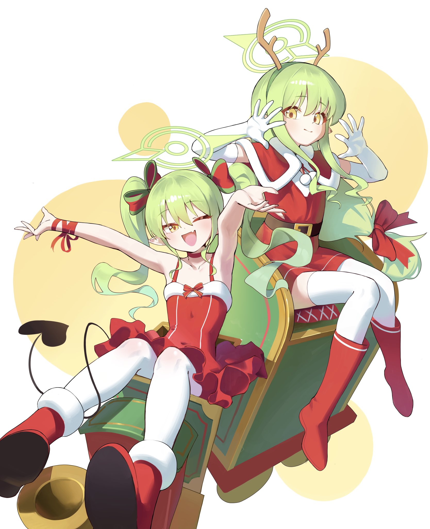 dogee (ch dh0408), hikari (blue archive), nozomi (blue archive), blue archive, highres, 2girls, ;d, antlers, black tail, blush, boots, bow, capelet, choker, christmas, demon tail, dress, elbow gloves, fake antlers, fang, fur-trimmed boots, fur-trimmed capelet, fur-trimmed dress, fur trim, gloves, green hair, green halo, halo, hands up, horns, long hair, looking at viewer, low-tied long hair, merry christmas, multiple girls, one eye closed, open mouth, pantyhose, pointy ears, red boots, red bow, red capelet, red choker, red dress, reindeer antlers, ribbon, santa costume, santa dress, siblings, sisters, sitting, skin fang, smile, tail, thighhighs, twins, twintails, two-tone bow, white gloves, white pantyhose, white thighhighs, wrist ribbon, yellow eyes