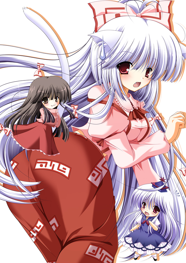 hiyori-o, fujiwara no mokou, houraisan kaguya, kamishirasawa keine, touhou, silver hair, bad id, bad pixiv id, duplicate, 3girls, animal ears, ass, black hair, bow, brown eyes, cat ears, cat girl, cat tail, chibi, female focus, hair bow, hat, kemonomimi mode, long hair, looking back, multiple girls, red eyes, tail