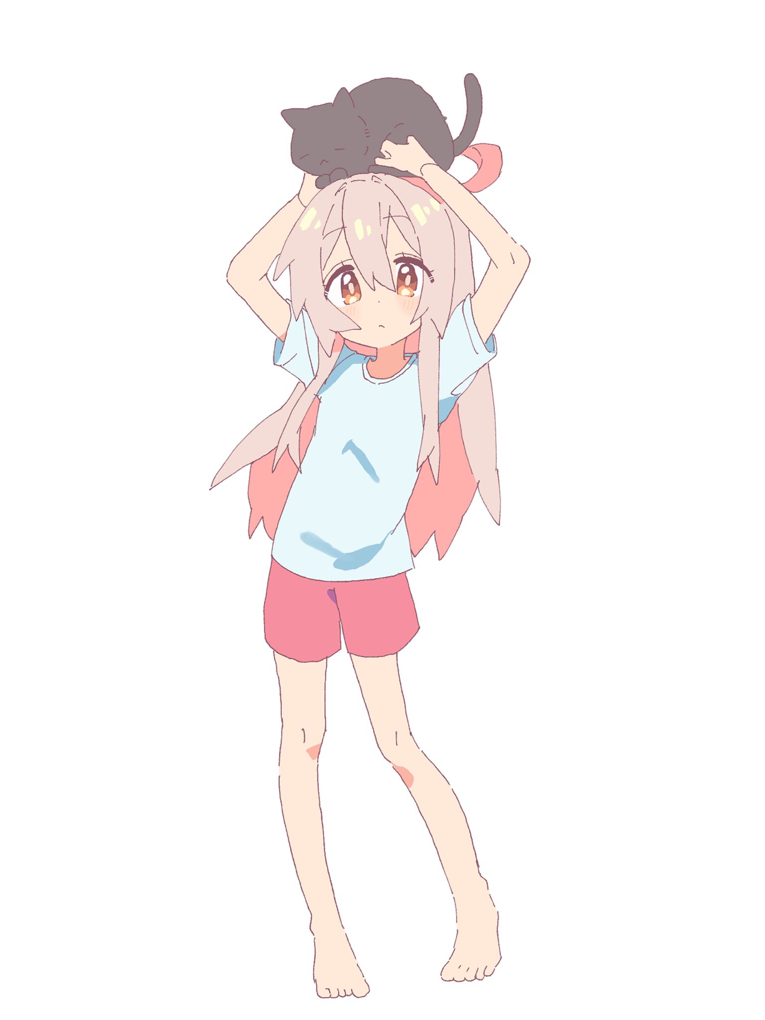 donguri big, oyama mahiro, onii-chan wa oshimai!, commentary, highres, 1girl, ahoge, animal, animal on head, arms up, bare arms, bare legs, barefoot, black cat, brown eyes, cat, cat on head, flat chest, full body, hair between eyes, light blush, long hair, looking at viewer, on head, pink hair, red shorts, shirt, short sleeves, shorts, simple background, solo, standing, white background, white shirt