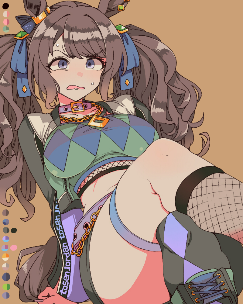toriga naku, tosen jordan (umamusume), umamusume, commentary request, 1girl, animal ears, belt, black boots, black jacket, black socks, blue eyes, blue ribbon, boots, breasts, brown background, brown hair, chain, chain necklace, collar, color guide, crop top, crossed legs, ear ornament, fishnet socks, fishnets, hair ribbon, horse ears, horse girl, horse tail, jacket, jewelry, kneehighs, large breasts, long hair, long sleeves, looking at viewer, necklace, open clothes, open jacket, pink collar, purple belt, ribbon, sitting, socks, solo, tail, thigh strap, thighs, tosen jordan (jokester vibes) (umamusume), twintails, v-shaped eyebrows