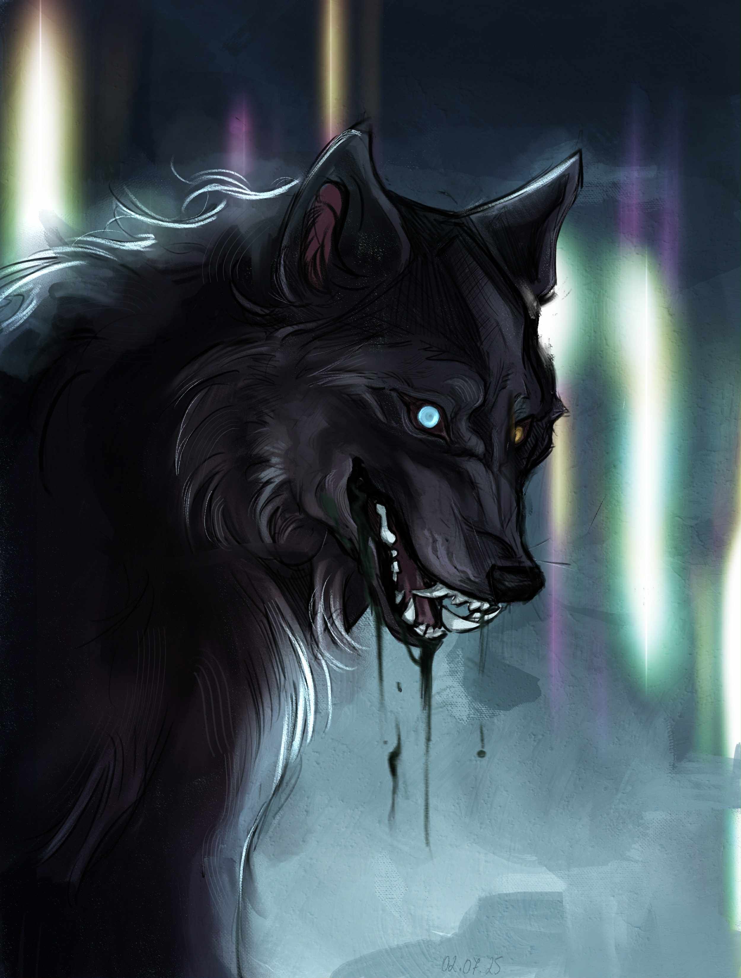 darcia, wolf's rain, absurdres, highres, animal, animal focus, aniolciemnosci69, blind eye, blood, blood from mouth, blue eyes, heterochromia, looking at viewer, no humans, sharp teeth, solo, teeth, wolf