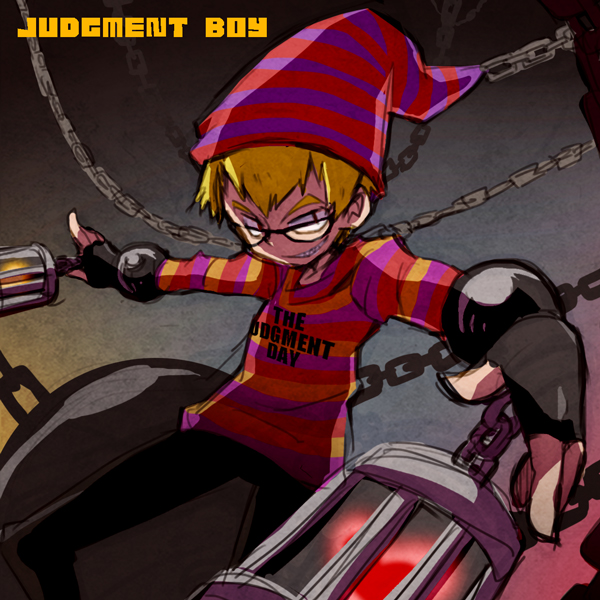 73 (naa), judgement boy (gregory horror show), gregory horror show, commentary request, 1boy, black-framed eyewear, black background, blonde hair, cage, chain, character name, clothes writing, evil grin, evil smile, fingerless gloves, glasses, gloves, glowing, grin, hat, heart, humanization, long sleeves, looking at viewer, looking over eyewear, male focus, multicolored shirt, outstretched arms, pink hat, purple hat, sharp teeth, shirt, short hair, simple background, smile, solo, spread arms, striped clothes, striped hat, striped shirt, teeth, two-tone hat, v-shaped eyebrows