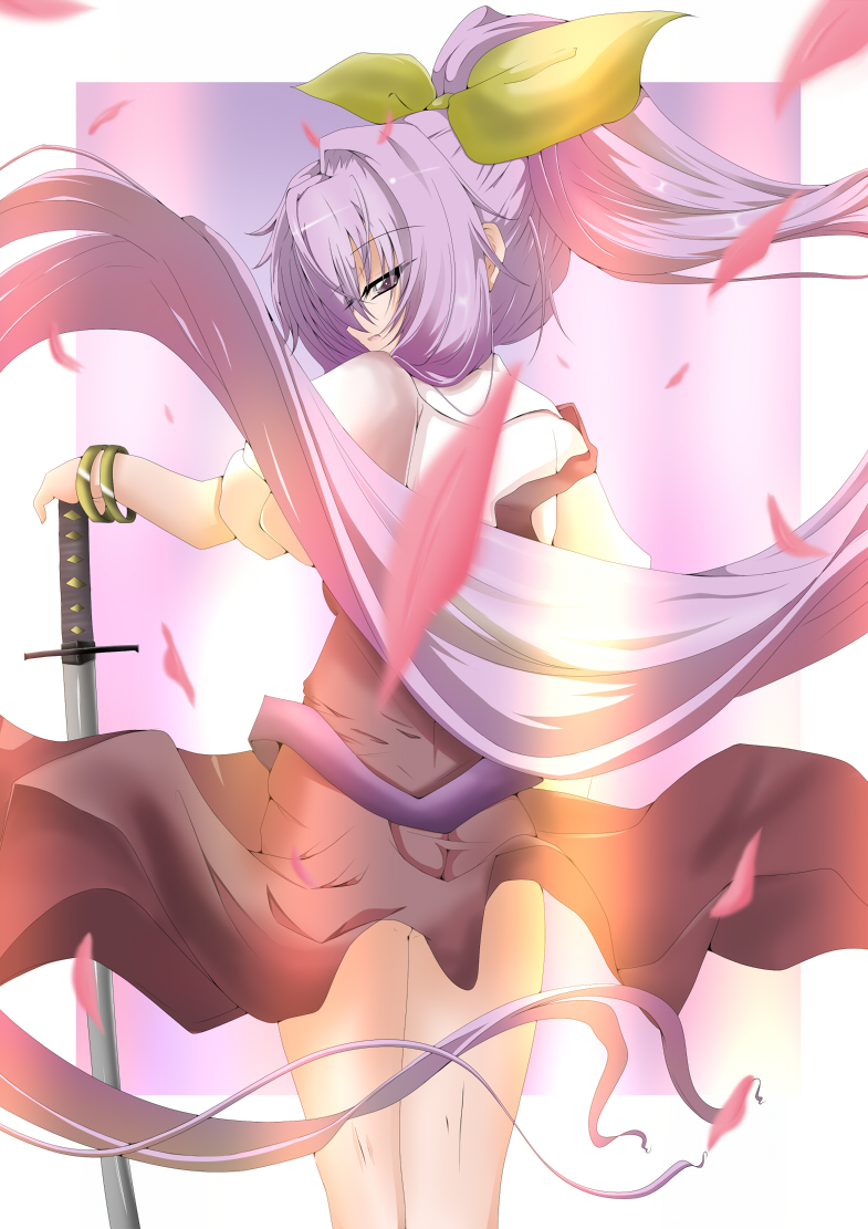 shirosuzu, watatsuki no yorihime, silent sinner in blue, touhou, touhou bougetsushou, 1girl, belt, bow, bracelet, female focus, hair bow, high ponytail, jewelry, katana, long hair, ponytail, purple eyes, purple hair, solo, sword, weapon