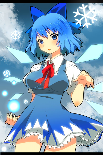 sasoribi-dekine, cirno, embodiment of scarlet devil, touhou, alternate breast size (larger), blue eyes, blue hair, blush, bow, breasts, hair bow, large breasts, ribbon, snowflakes, solo, wings