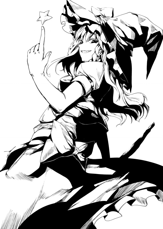 tomasu, tsurukame, kirisame marisa, touhou, 1girl, bow, braid, broom, female focus, greyscale, grin, hat, looking back, monochrome, smile, solo, star (symbol), witch, witch hat