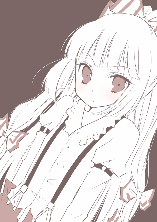 miyata waltz, fujiwara no mokou, touhou, bad id, bad pixiv id, 1girl, :<, blush, bow, dutch angle, female focus, hair bow, hair ribbon, long hair, long sleeves, monochrome, multiple hair bows, red eyes, ribbon, shirt, simple background, solo, spot color, suspenders