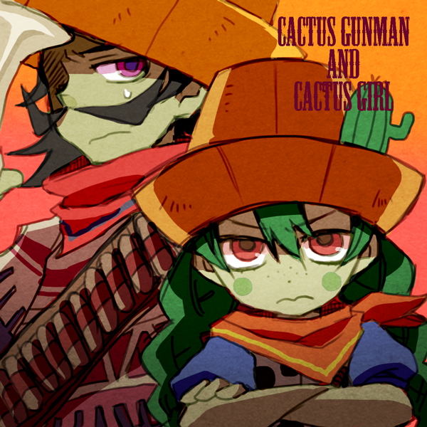 73 (naa), cactus girl (gregory horror show), gregory horror show, commentary request, 1boy, 1girl, bandolier, belt, blush stickers, cactus boy, cactus girl, cactus gunman (gregory horror show), character name, colored skin, crossed arms, facial hair, freckles, gradient background, green hair, green skin, gun, hair between eyes, hat, humanization, mustache, neckerchief, orange background, orange neckerchief, pink eyes, poncho, red eyes, red neckerchief, short sleeves, siblings, sweat, v-shaped eyebrows, wavy mouth, weapon