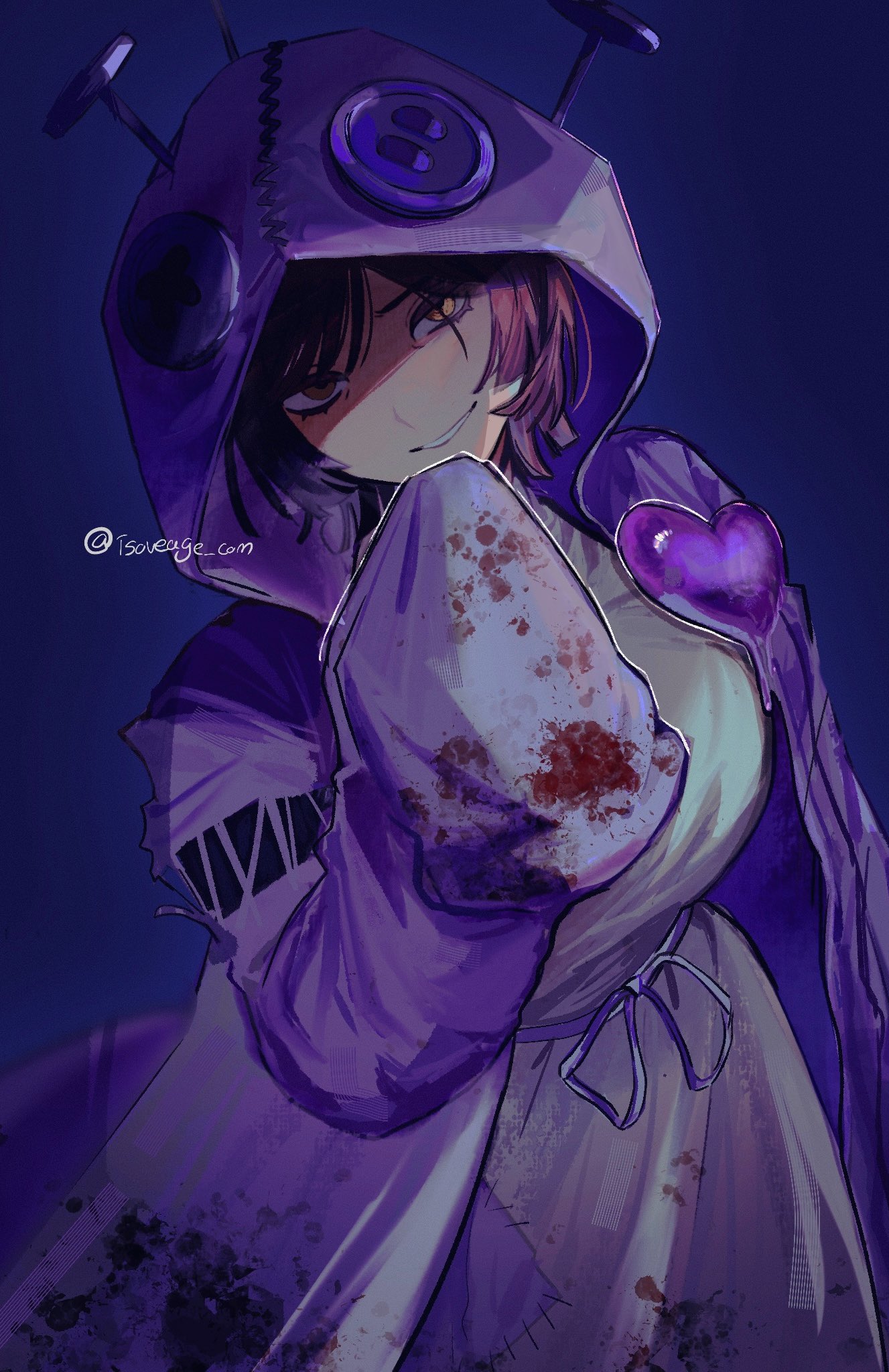 outis (project moon), limbus company, project moon, commentary, highres, symbol-only commentary, 1girl, blood, blood on clothes, blue background, breasts, brown hair, coat, cowboy shot, dress, e.g.o (project moon), hand up, heart, hood, hood up, hooded coat, i'll go fer scissors. how 'bout you? (e.g.o), isoveage com, large breasts, large buttons, looking at viewer, parted lips, patchwork clothes, purple coat, short hair, simple background, sleeves past fingers, sleeves past wrists, smile, solo, twitter username, white dress, yellow eyes