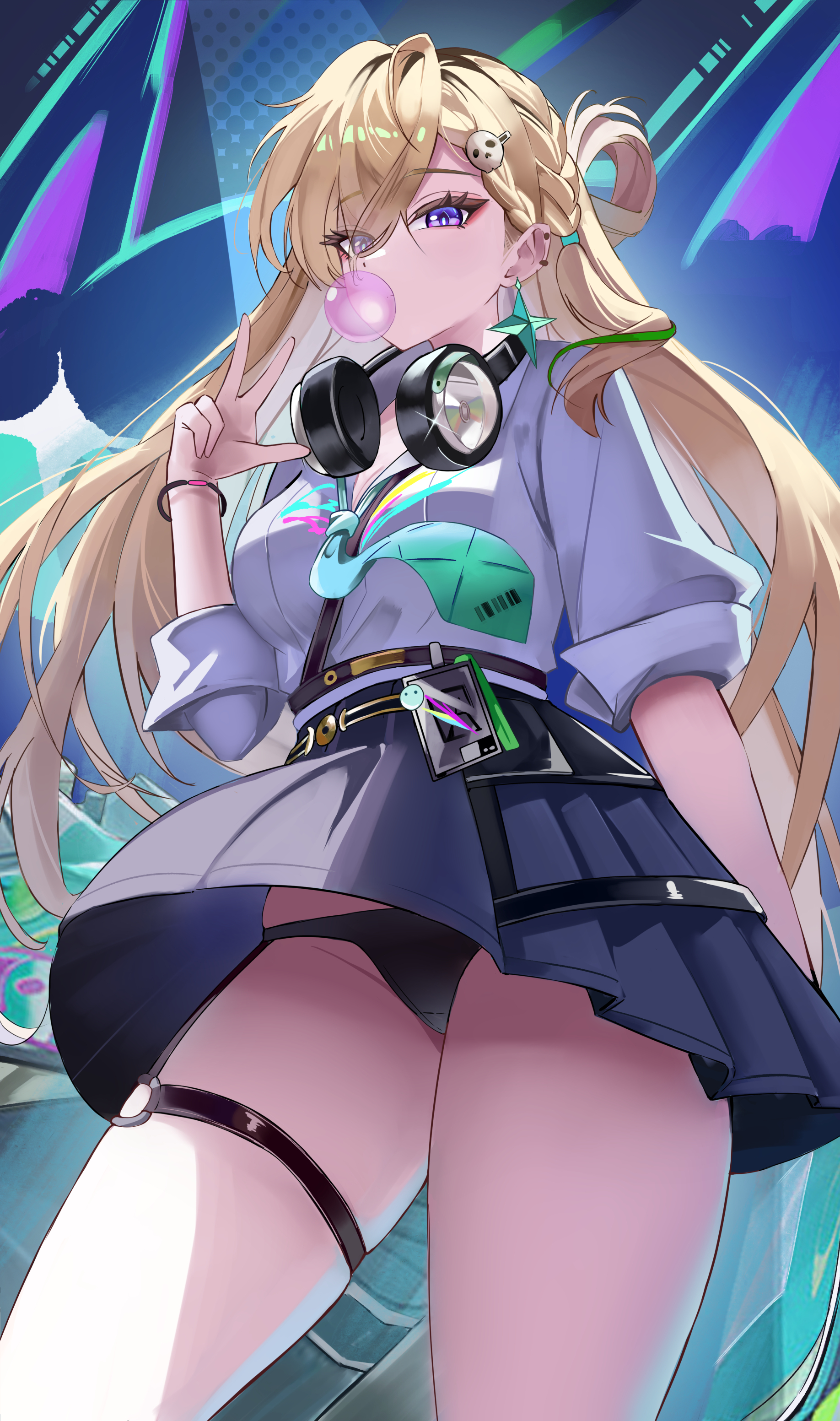 luto, lynae (wuthering waves), wuthering waves, absurdres, commentary, highres, 1girl, aqua necktie, black panties, black skirt, blonde hair, blowing bubble gum, braid, braided bangs, breasts, chewing gum, earrings, hair ornament, hand up, headphones, headphones around neck, id card, jewelry, long hair, looking at viewer, medium breasts, necktie, panties, purple eyes, shirt, shirt tucked in, skirt, skull hair ornament, solo, star (symbol), star earrings, thighs, underwear, upskirt, w, white shirt, wind