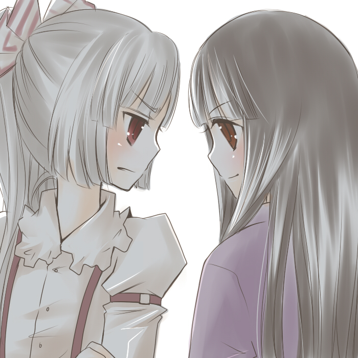miyata waltz, fujiwara no mokou, houraisan kaguya, touhou, silver hair, bad id, bad pixiv id, 2girls, alternate hairstyle, annoyed, black hair, brown eyes, dress shirt, female focus, hair ribbon, long hair, multiple girls, ponytail, profile, red eyes, ribbon, shirt, simple background, smile, suspenders, upper body, white background