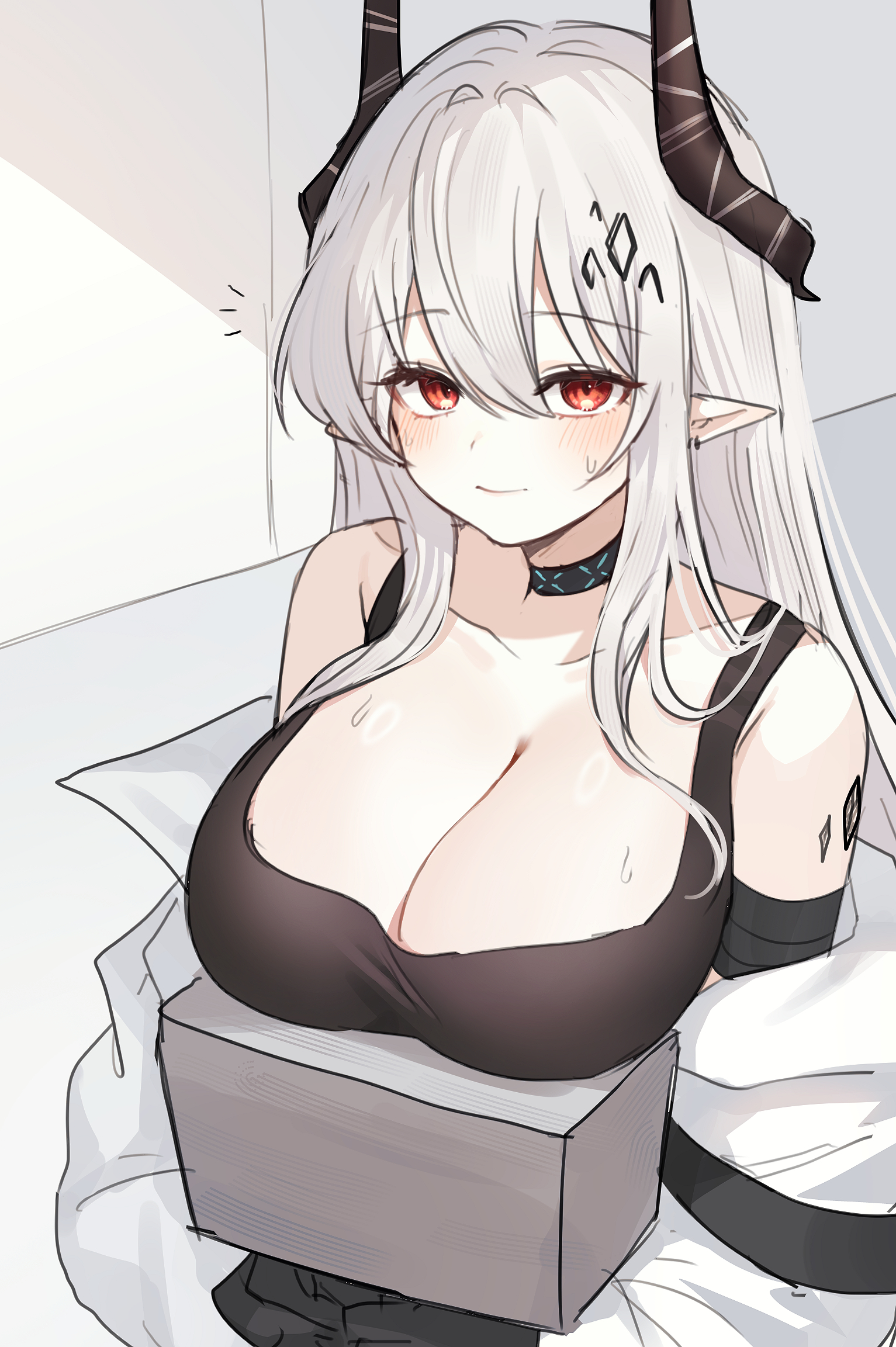 hyeroin, mudrock (arknights), mudrock (elite ii) (arknights), arknights, commentary, highres, redrawn, 1girl, bare shoulders, blush, breast rest, breasts, carried breast rest, carrying, cleavage, hammer, holding, holding hammer, holding weapon, horns, large breasts, long hair, looking at viewer, material growth, notice lines, oripathy lesion (arknights), pointy ears, red eyes, smile, solo, sweat, weapon, white background, white hair