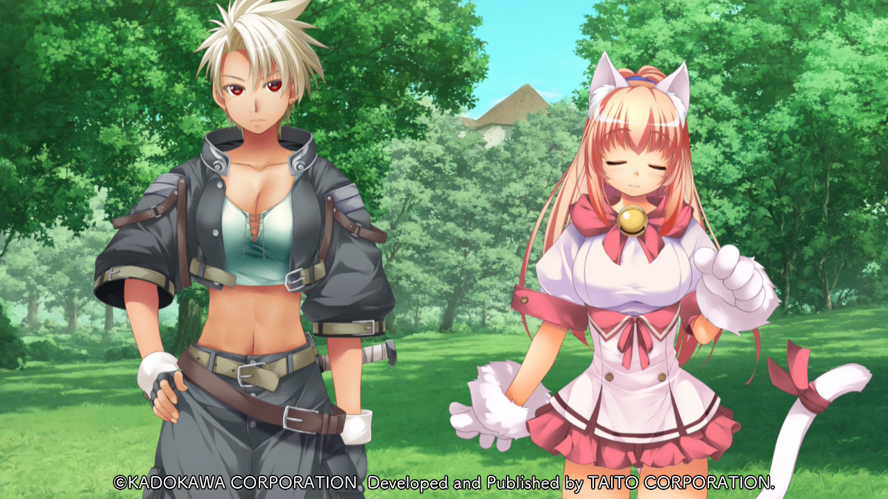 atelier-moo, lisa meccano, melody sinclair, yuukyuu gensoukyoku, game cg, large variant set, non-web source, official art, variant set, 2girls, animal ear fluff, animal ears, animal hands, bell, belt, breasts, brown belt, cat ears, cat girl, cat tail, cleavage, closed eyes, closed mouth, collarbone, company name, copyright notice, cowboy shot, crop top, curtained hair, dagger, earrings, fingerless gloves, gloves, grey jacket, grey pants, hair between eyes, hand on own hip, high ponytail, holding, jacket, jewelry, knife, large breasts, long hair, looking at viewer, midriff, miniskirt, multiple girls, navel, neck bell, pants, park, paw gloves, pink hair, pink skirt, pleated skirt, ponytail, red eyes, ribbon, sheath, sheathed, shirt, short hair, short sleeves, side-by-side, sidelocks, skirt, sky, smile, spiked hair, standing, tachi-e, tail, tail ornament, tail ribbon, tree, underbust, weapon, white gloves, white hair, yuukyuu gensoukyoku revival