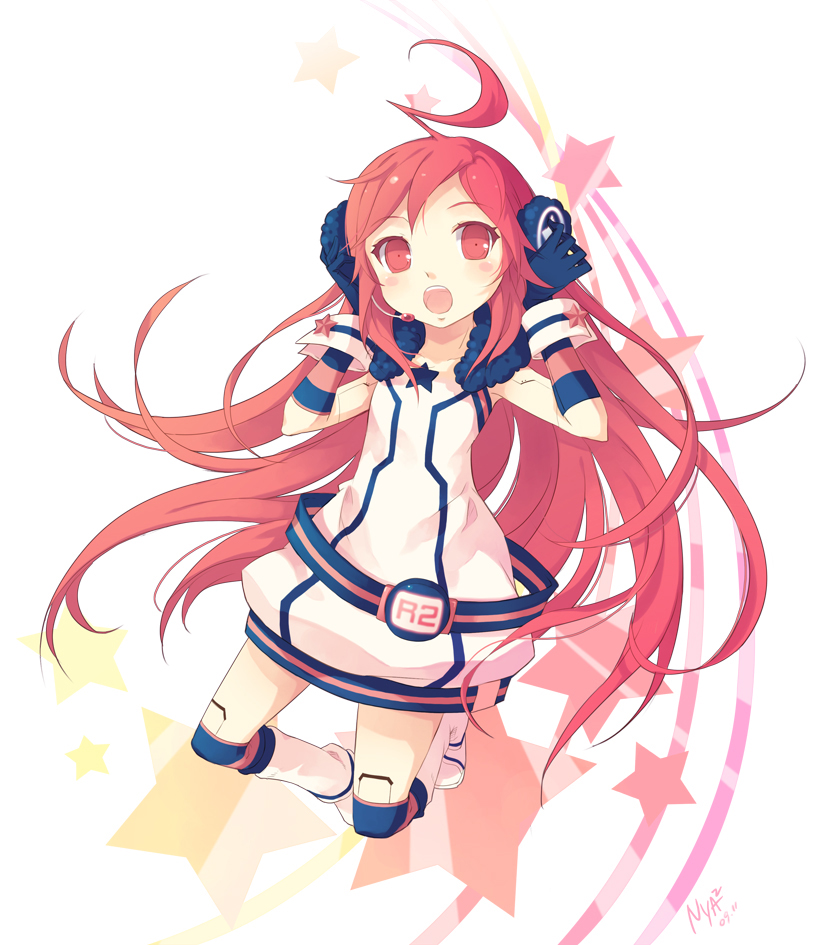 clover4th, nyanya, sf-a2 miki, vocaloid, multicolored legwear, bad id, bad pixiv id, 1girl, ahoge, android, belt, boots, dress, female focus, flat chest, gloves, headphones, headset, joints, kneehighs, long hair, pink hair, red eyes, red hair, robot joints, socks, solo, star (symbol), striped clothes, striped gloves, striped socks, very long hair, wrist cuffs