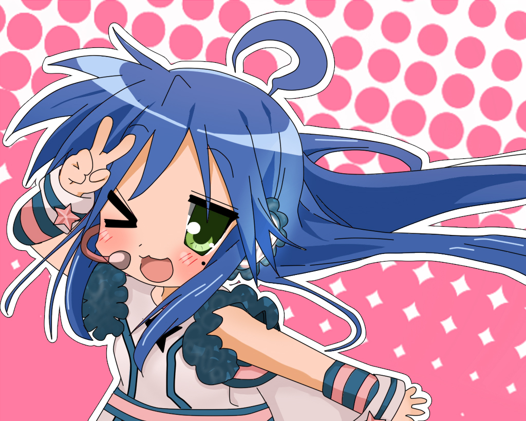 rakisana, izumi konata, sf-a2 miki, lucky star, vocaloid, striped, 1girl, ahoge, belt, blue hair, blush, cosplay, dress, female focus, gloves, green eyes, headphones, headset, long hair, miki (cosplay), mole, mole under eye, one eye closed, sf-a2 miki (cosplay), solo, star (symbol), v, very long hair, wink, wrist cuffs