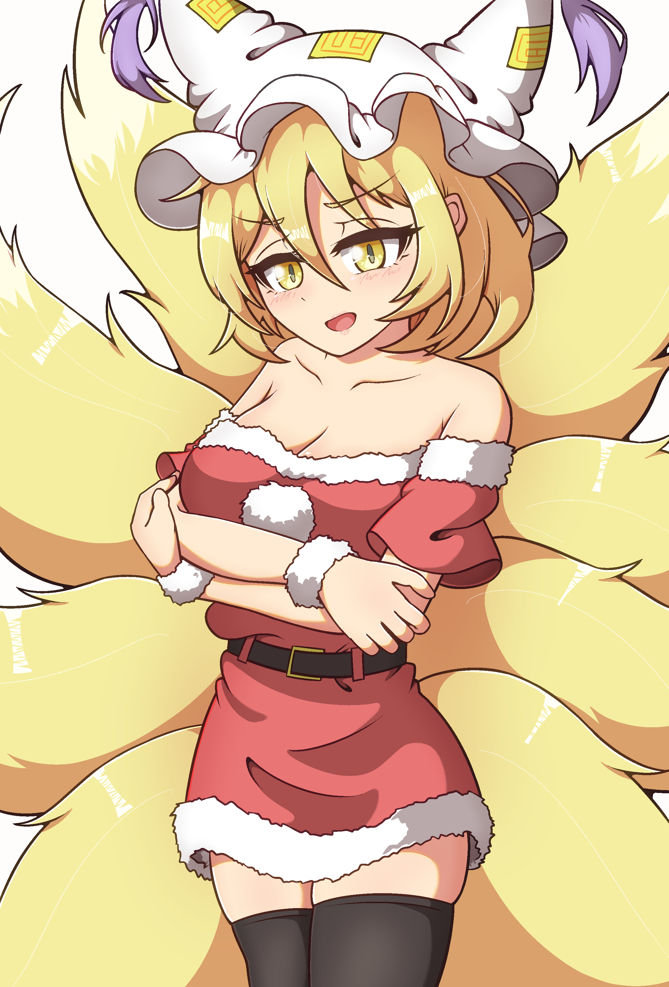 ayuyu yuka03, yakumo ran, touhou, absurdres, commentary request, highres, 1girl, alternate costume, animal hat, belt, black belt, black thighhighs, blonde hair, blush, breasts, cleavage, collarbone, crossed arms, dress, fox tail, fur-trimmed thighhighs, fur trim, hat, looking at viewer, medium hair, mob cap, multiple tails, off-shoulder dress, off shoulder, open mouth, pom pom (clothes), red dress, santa costume, santa dress, smile, solo, tail, thighhighs, yellow eyes