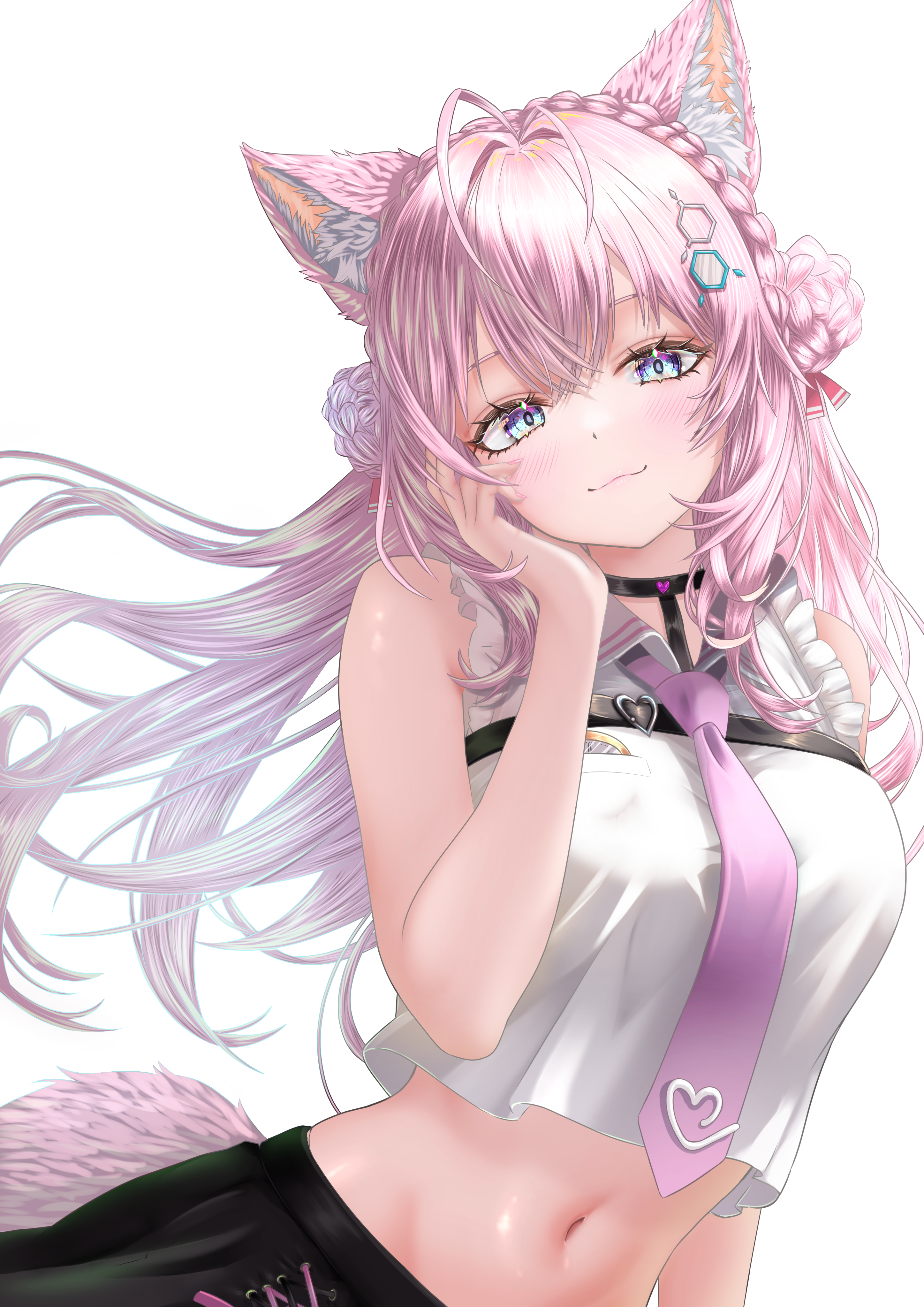 nanaki24, hakui koyori, hololive, absurdres, highres, 1girl, :3, animal ears, antenna hair, bare arms, bare shoulders, black choker, black skirt, blue eyes, braid, choker, closed mouth, crop top, crop top overhang, double bun, floating hair, hair bun, hand up, long hair, looking at viewer, midriff, navel, necktie, pink hair, pink necktie, shirt, simple background, skirt, sleeveless, sleeveless shirt, smile, solo, stomach, tail, upper body, virtual youtuber, white background, white shirt, wolf ears, wolf tail