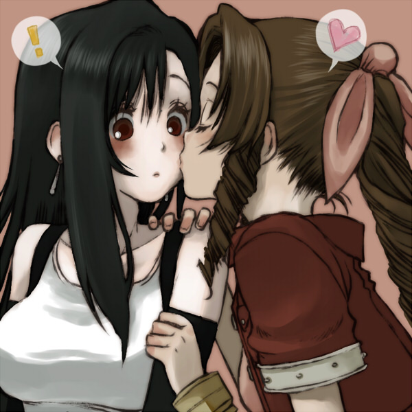 nagumo kuu, aerith gainsborough, tifa lockhart, final fantasy, final fantasy vii, bad id, bad pixiv id, !, 1990s (style), 2girls, bare shoulders, black hair, blush, bow, bracelet, breasts, brown eyes, brown hair, closed eyes, cropped jacket, dress, drill hair, earrings, floating earrings, hair ribbon, heart, jacket, jewelry, kiss, large breasts, long hair, multiple girls, pink bow, ponytail, red eyes, retro artstyle, ribbon, surprised, suspenders, tank top, yuri