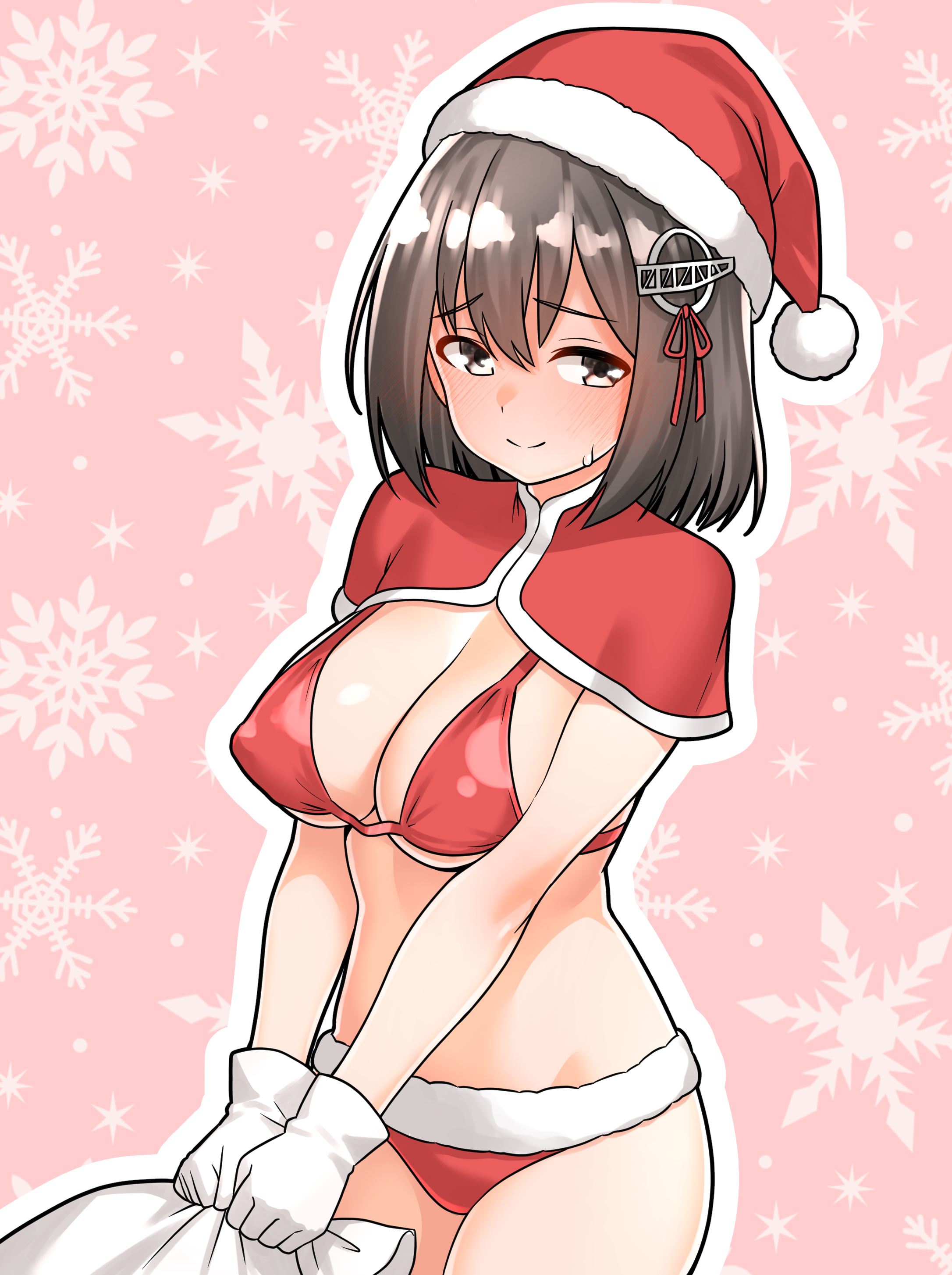 furaggu (frag 0416), haguro (kancolle), kantai collection, absurdres, commentary request, highres, variant set, bag, bikini, black hair, blush, bob cut, breasts, capelet, gift bag, gloves, hair ribbon, hat, holding, holding bag, large breasts, red bikini, red capelet, red ribbon, ribbon, santa hat, short hair, stomach, swimsuit, thighs, white gloves