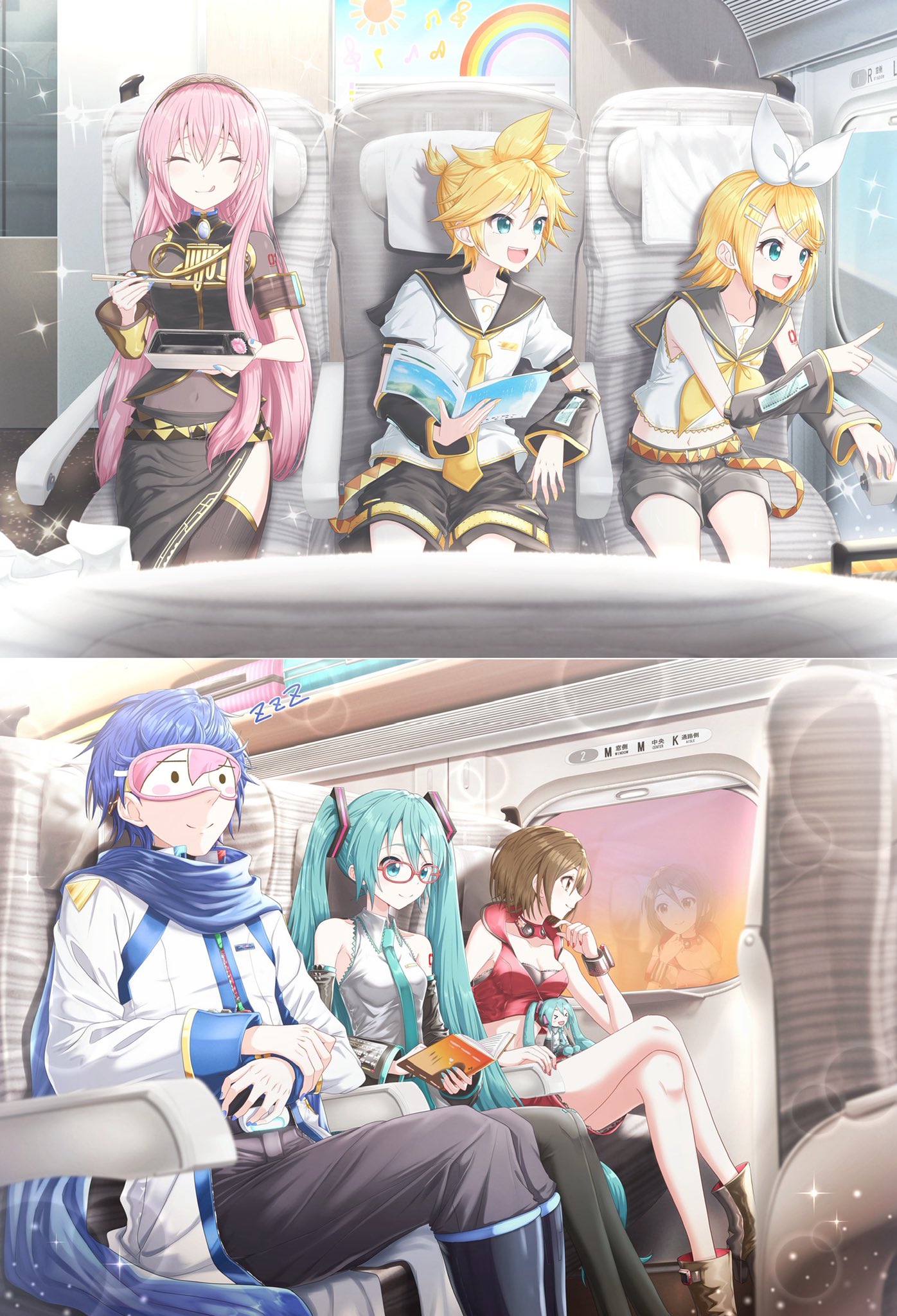 itogari, hatsune miku, kagamine len, kagamine rin, kaito (vocaloid), megurine luka, meiko (vocaloid), vocaloid, commentary request, highres, 2boys, 4girls, aqua eyes, aqua hair, aqua necktie, arm tattoo, bento, bespectacled, black pants, black shorts, black thighhighs, blonde hair, blue hair, blue nails, blue scarf, book, boots, breasts, brown boots, brown eyes, brown hair, chopsticks, closed eyes, closed mouth, collarbone, crossed legs, detached sleeves, fingernails, flat chest, glasses, grey shirt, hair between eyes, hair ribbon, holding, holding bento, holding book, holding chopsticks, long hair, long sleeves, medium breasts, midriff, multiple boys, multiple girls, nail polish, navel, necktie, number tattoo, open mouth, pants, pink hair, puffy short sleeves, puffy sleeves, rainbow, reading, red-framed eyewear, red nails, red shirt, ribbon, scarf, see-through clothes, see-through shirt, shirt, short shorts, short sleeves, shorts, siblings, sitting, sleep mask, sleeveless, sleeveless shirt, stomach, tattoo, thighhighs, tongue, tongue out, twins, very long hair, wide sleeves, yellow trim, zzz