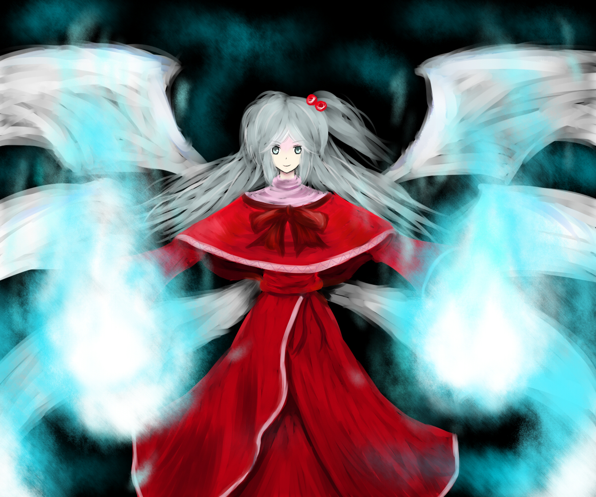 kiyo, kiyonaka rei, shinki (touhou), mystic square, touhou, touhou (pc-98), silver hair, bad id, bad pixiv id, 1girl, capelet, dress, female focus, glowing, grey eyes, hair bobbles, hair ornament, long hair, magic, outstretched arms, ribbon, side ponytail, smile, solo, spread arms, wings