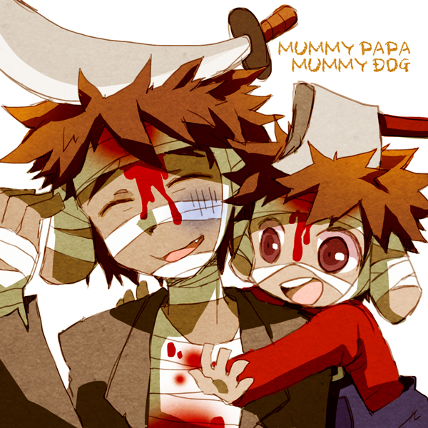 73 (naa), gregory horror show, commentary request, 2boys, :d, ^ ^, animal ears, axe, axe in head, bandage on face, bandaged chest, bandaged hand, bandaged head, bandaged neck, bandages, blood, blood from forehead, blood on clothes, blood on face, blood stain, bloody bandages, blue overalls, brown eyes, brown hair, brown jacket, character name, closed eyes, cutlass, dog boy, dog ears, fang, father and son, injury, jacket, male focus, multiple boys, mummy dog (gregory horror show), mummy papa (gregory horror show), open mouth, overalls, personification, red shirt, shirt, smile, teeth, upper teeth only, white background