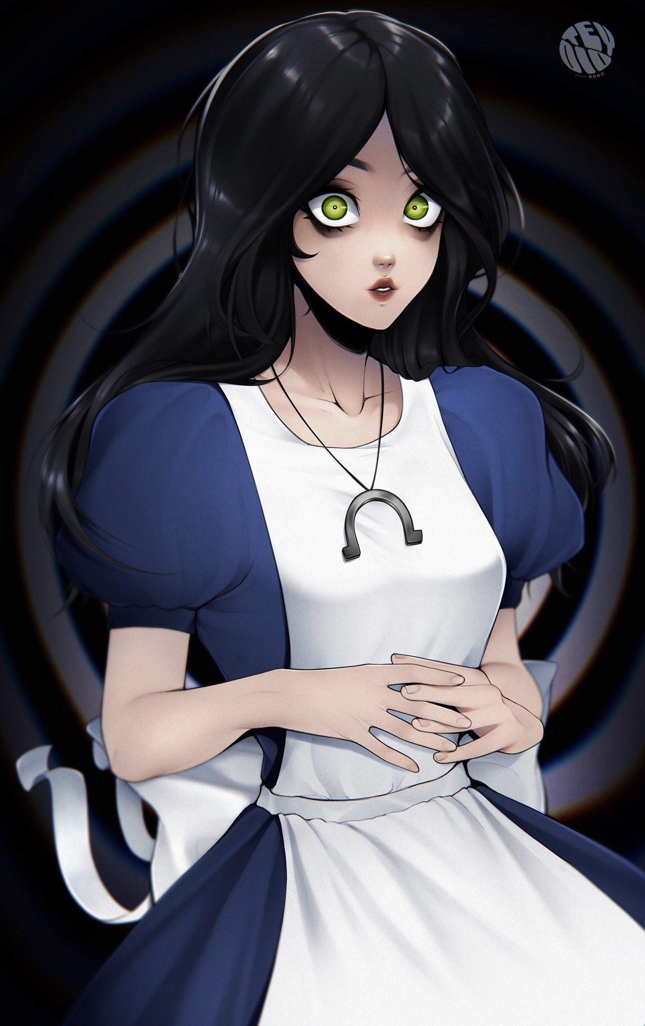 teyoid, alice liddell (american mcgee's alice), american mcgee's alice, commentary, highres, 1girl, apron, black background, black hair, blue dress, breasts, collarbone, constricted pupils, cowboy shot, dress, green eyes, jewelry, lips, lipstick, long hair, looking at viewer, makeup, necklace, nose, omega symbol, own hands together, parted bangs, parted hair, parted lips, puffy short sleeves, puffy sleeves, red lips, short sleeves, small breasts, solo, white apron