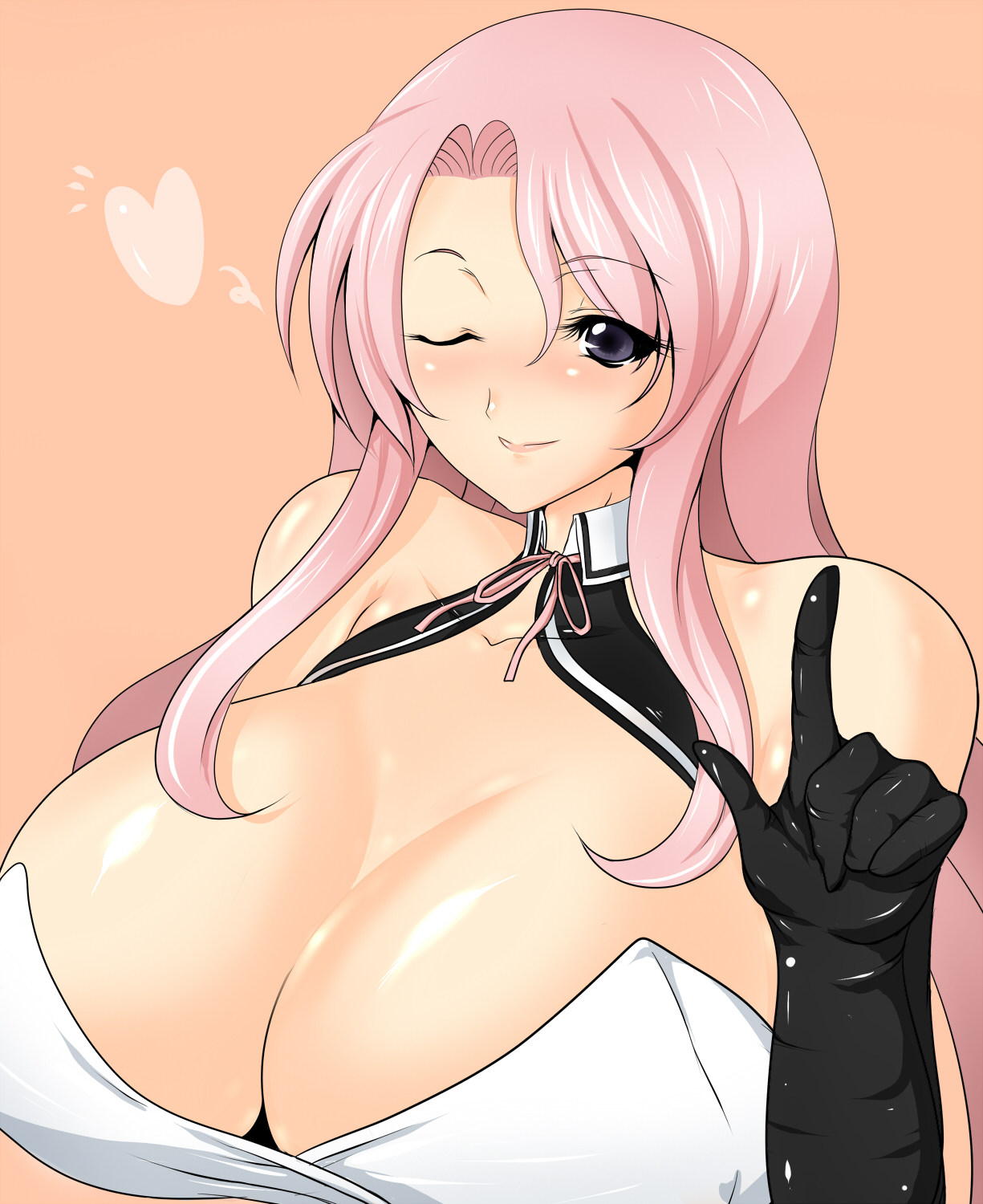 kinokoutarou, rui (dream c club), dream c club, dream c club (series), bad id, bad pixiv id, highres, 1girl, bare shoulders, breasts, cleavage, female focus, gloves, huge breasts, long hair, one eye closed, pink hair, solo, wink