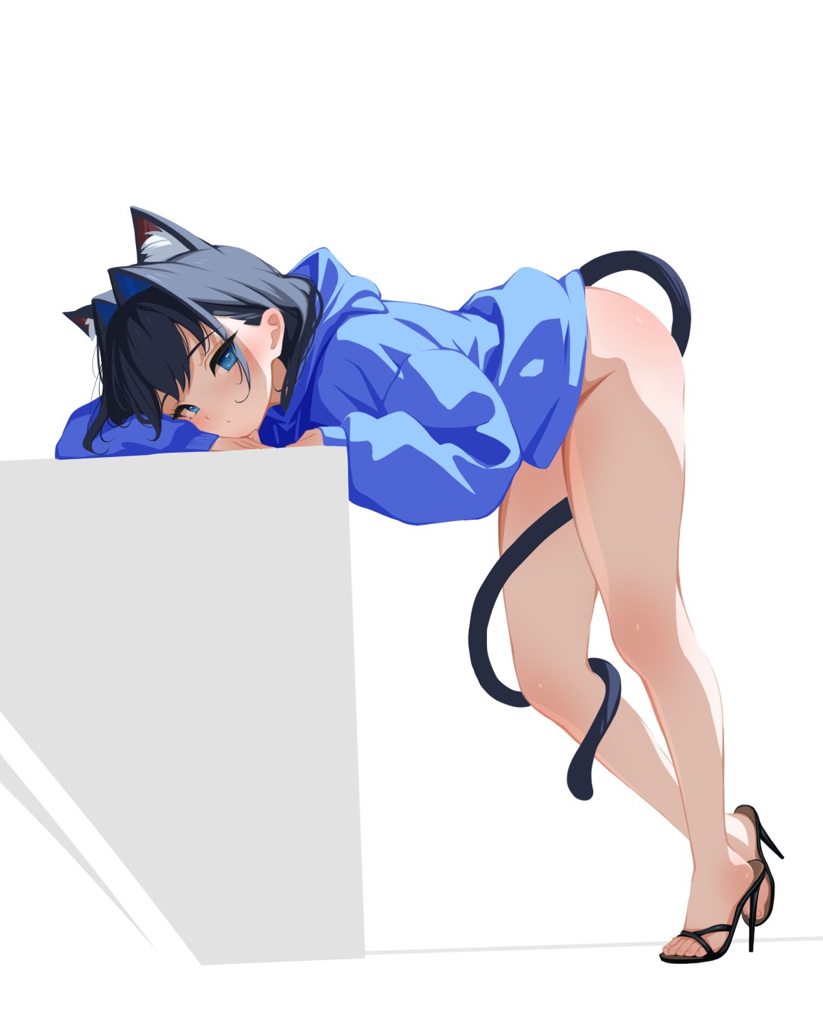sansha art, ouro kronii, hololive, hololive english, highres, 1girl, animal ears, blue eyes, blue hair, blue sweater, bottomless, cat ears, cat girl, cat tail, feet, full body, high heels, looking at viewer, solo, sweater, tail, tail around own leg, toes, virtual youtuber, white background