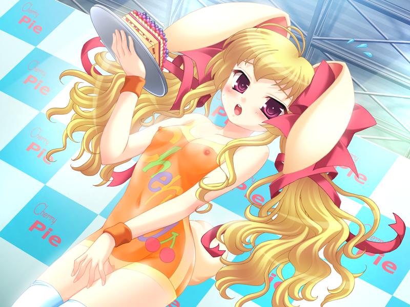 lugosi ela, berry (peropero sasete), peropero sasete, white legwear, game cg, 1girl, animal ears, antenna hair, berry, blonde hair, blush, bodypaint, cake, censored, dutch angle, flat chest, food, long hair, mosaic censoring, nipples, open mouth, purple eyes, pussy, rabbit ears, solo, thighhighs, tray, twintails, waitress