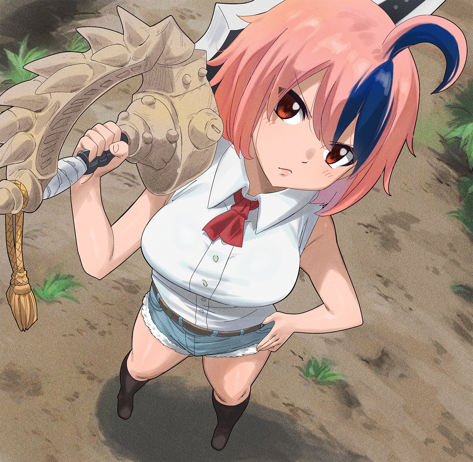 gaston18, freyr (dead rock), dead rock, highres, 1girl, ahoge, black boots, blue shorts, blue streaks, boots, breasts, brown eyes, collared shirt, day, denim, denim shorts, from above, holding, holding sword, holding weapon, huge weapon, large breasts, looking at viewer, multicolored hair, outdoors, over shoulder, pink hair, shirt, short hair, short shorts, shorts, sleeveless, sleeveless shirt, solo, standing, streaked hair, sword, weapon, weapon over shoulder, white shirt