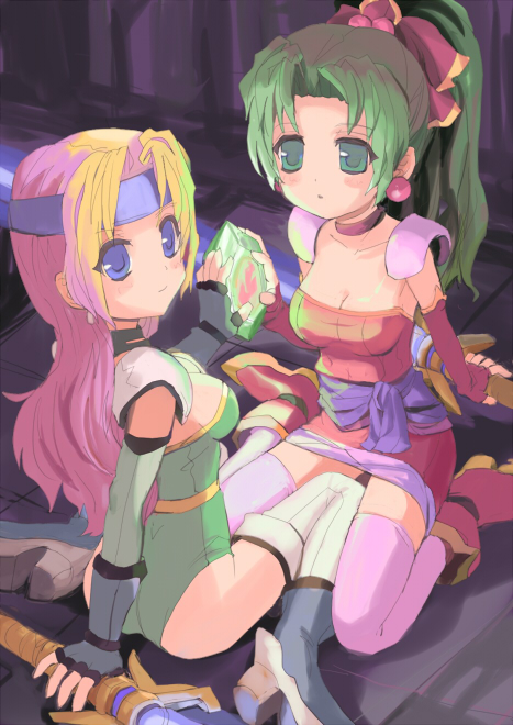 rudolph (artist), celes chere, tina branford, final fantasy, final fantasy vi, 1990s (style), 2girls, bare shoulders, blonde hair, blue eyes, boots, crystal, earrings, elbow gloves, fingerless gloves, gloves, green eyes, green hair, headband, jewelry, leotard, long hair, miniskirt, multiple girls, ponytail, retro artstyle, ribbon, shoulder pads, sitting, skirt, sword, thighhighs, weapon