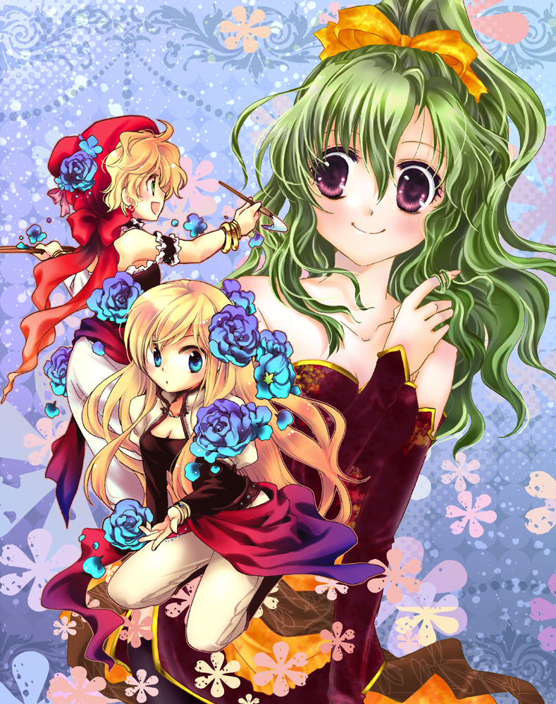 hal (pixiv93013), natsuki haruna, celes chere, relm arrowny, tina branford, final fantasy, final fantasy vi, 1990s (style), 3girls, art brush, blonde hair, blue eyes, blush, bracelet, detached sleeves, flower, green eyes, green hair, jewelry, long hair, multiple girls, paint palette, paintbrush, ponytail, purple eyes, ribbon, yellow ribbon
