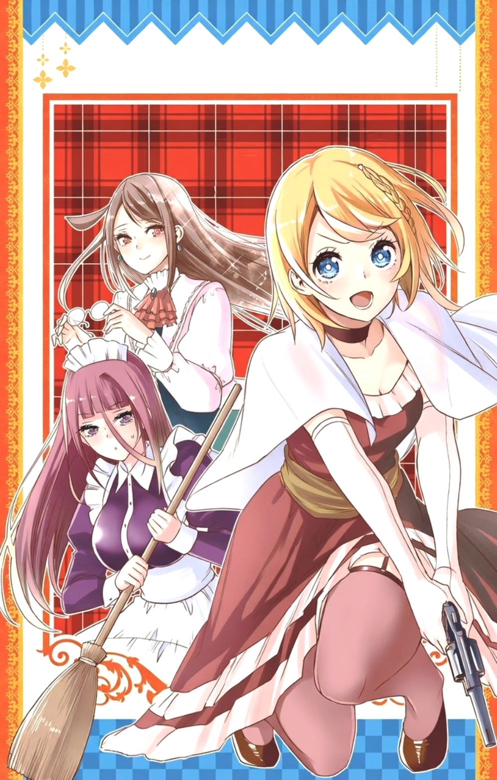 tsutsui taishi, elio evelyn, lulu chatnoir, souffle flamberry, syd craft no saishuu suiri, highres, 3girls, apron, ascot, blonde hair, blue eyes, blush, braid, breasts, broom, brown eyes, brown hair, capelet, choker, dress, earrings, elbow gloves, glasses, gloves, gun, holding, holding broom, holding glasses, holding gun, holding weapon, jewelry, juliet sleeves, kneeling, large breasts, light blush, long skirt, long sleeves, maid, maid apron, maid headdress, medium breasts, multiple girls, off-shoulder dress, off shoulder, open mouth, puffy sleeves, purple eyes, purple hair, red dress, shoes, short hair, side braid, skirt, smile, thighhighs, weapon