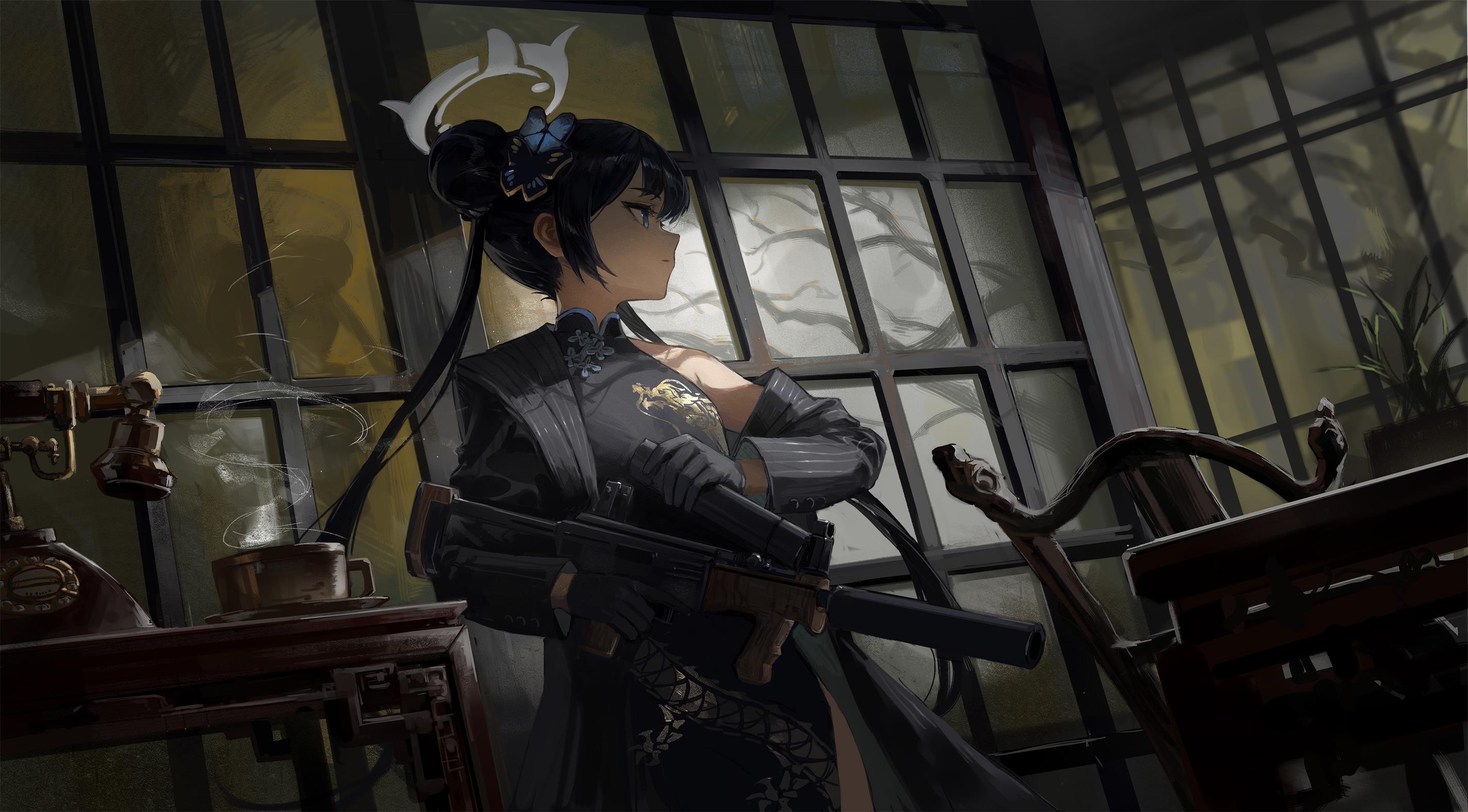 meinoss, kisaki (blue archive), blue archive, commentary request, highres, 1girl, black dress, black hair, black jacket, breasts, butterfly hair ornament, chair, china dress, chinese clothes, closed mouth, cs/ls06, cup, double bun, dragon print, dress, gun, hair bun, hair ornament, holding, holding gun, holding weapon, indoors, jacket, long hair, phone, small breasts, solo, striped clothes, striped jacket, submachine gun, table, twintails, vertical-striped clothes, vertical-striped jacket, weapon