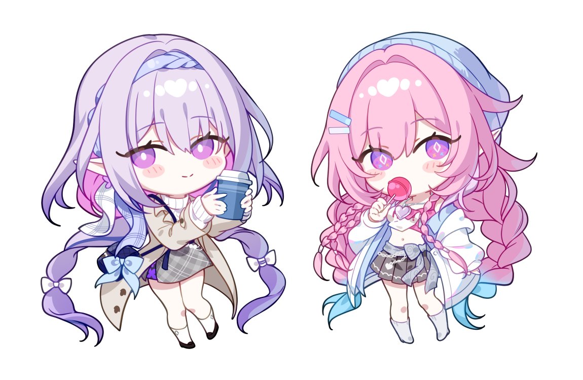 miko (royal milk), castorice (honkai: star rail), castorice (luckin coffee) (honkai: star rail), cyrene (demiurge) (honkai: star rail), cyrene (honkai: star rail), honkai: star rail, honkai (series), merchandise available, 2girls, black skirt, braid, candy, chibi, chibi only, closed mouth, coat, crop top, cup, cyrene (nylon japan) (honkai: star rail), diamond-shaped pupils, diamond (shape), disposable coffee cup, disposable cup, food, grey coat, grey skirt, hairband, holding, holding candy, holding cup, holding food, holding lollipop, jacket, lollipop, long hair, looking at viewer, merchandise, multiple girls, navel, pink hair, pointy ears, purple eyes, purple hair, purple hairband, skirt, smile, symbol-shaped pupils, twin braids, white jacket